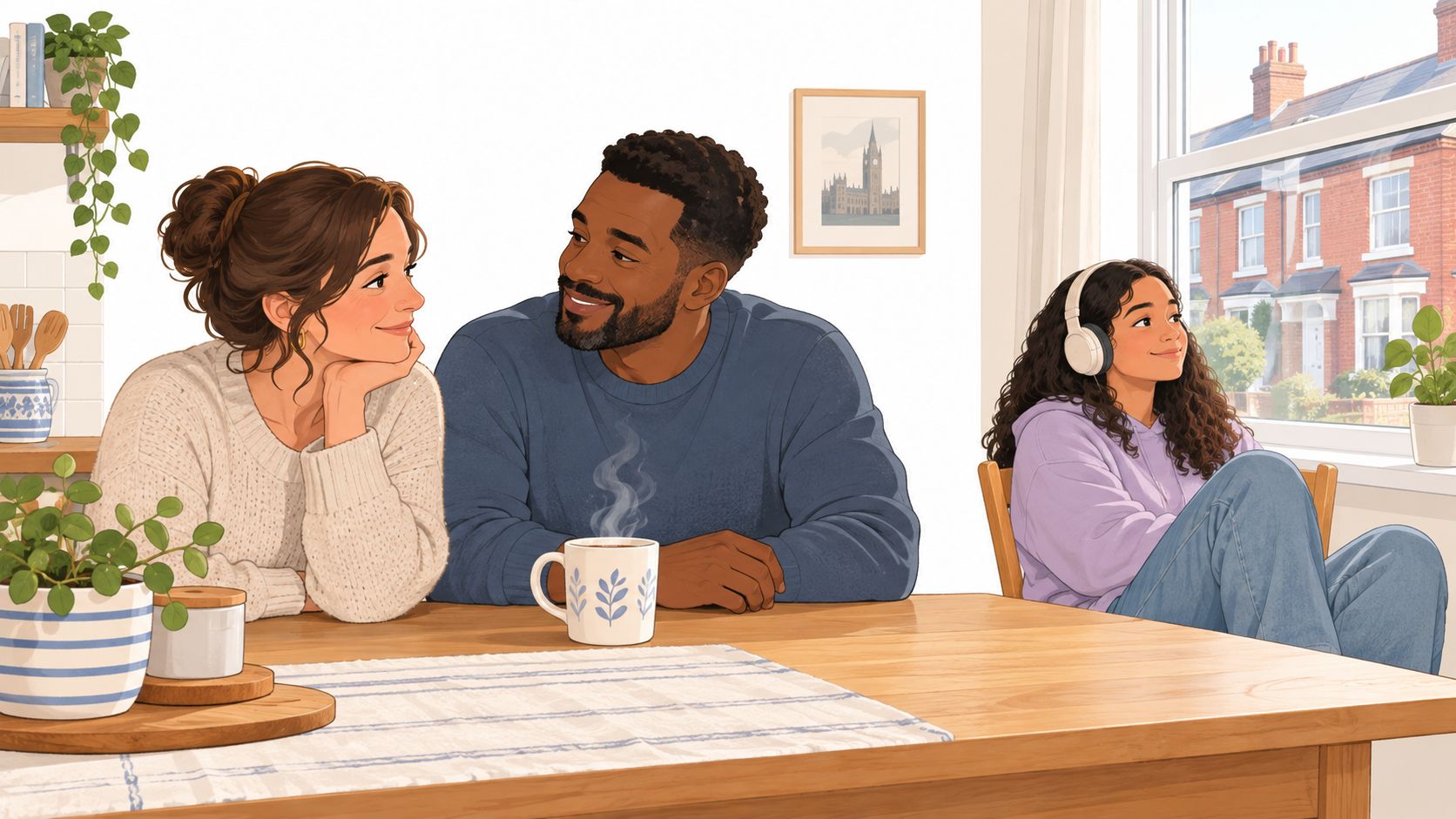 A warm, family-oriented illustration showing two smiling parents at a table with their teenage daughter nearby.