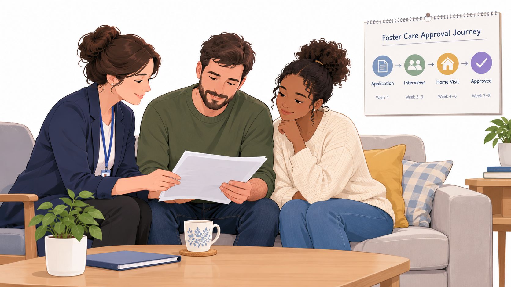 A social worker explaining foster care documents to an interested couple in a warm, welcoming living room.