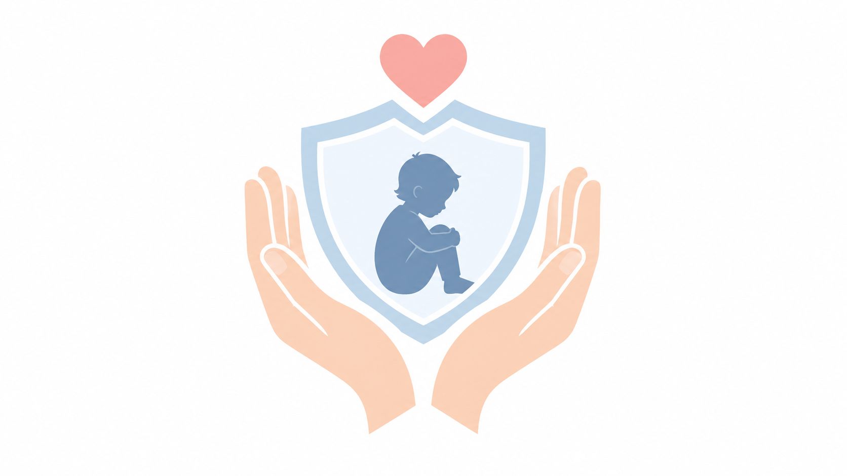 A symbolic illustration of two hands gently holding a protective shield surrounding a small, vulnerable child.