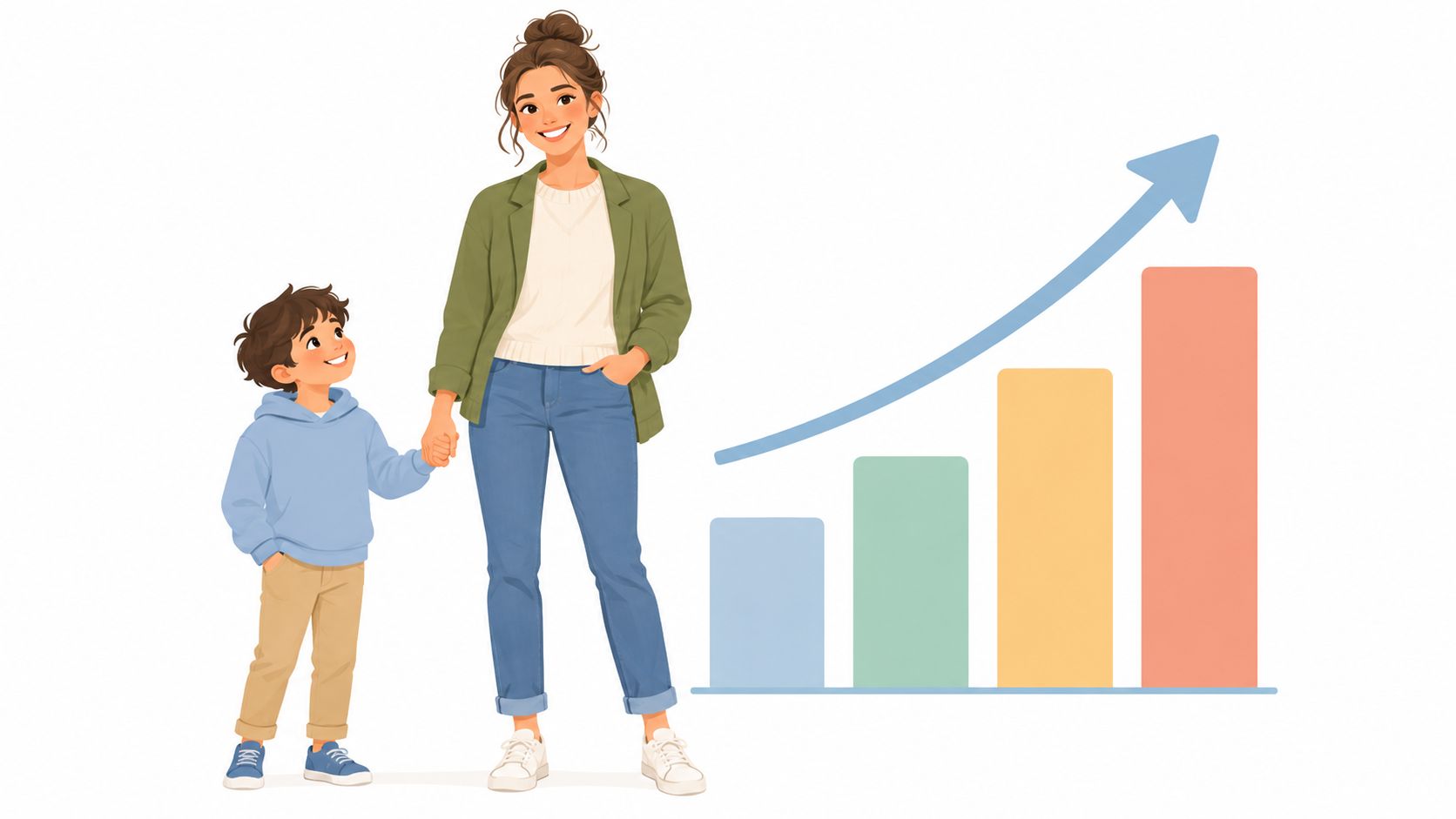 A happy single foster mother holding hands with her young son next to a rising growth chart.