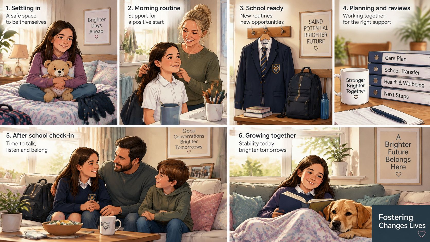 An illustration showing six steps of long term fostering, highlighting a child's journey from settling in to growing together.