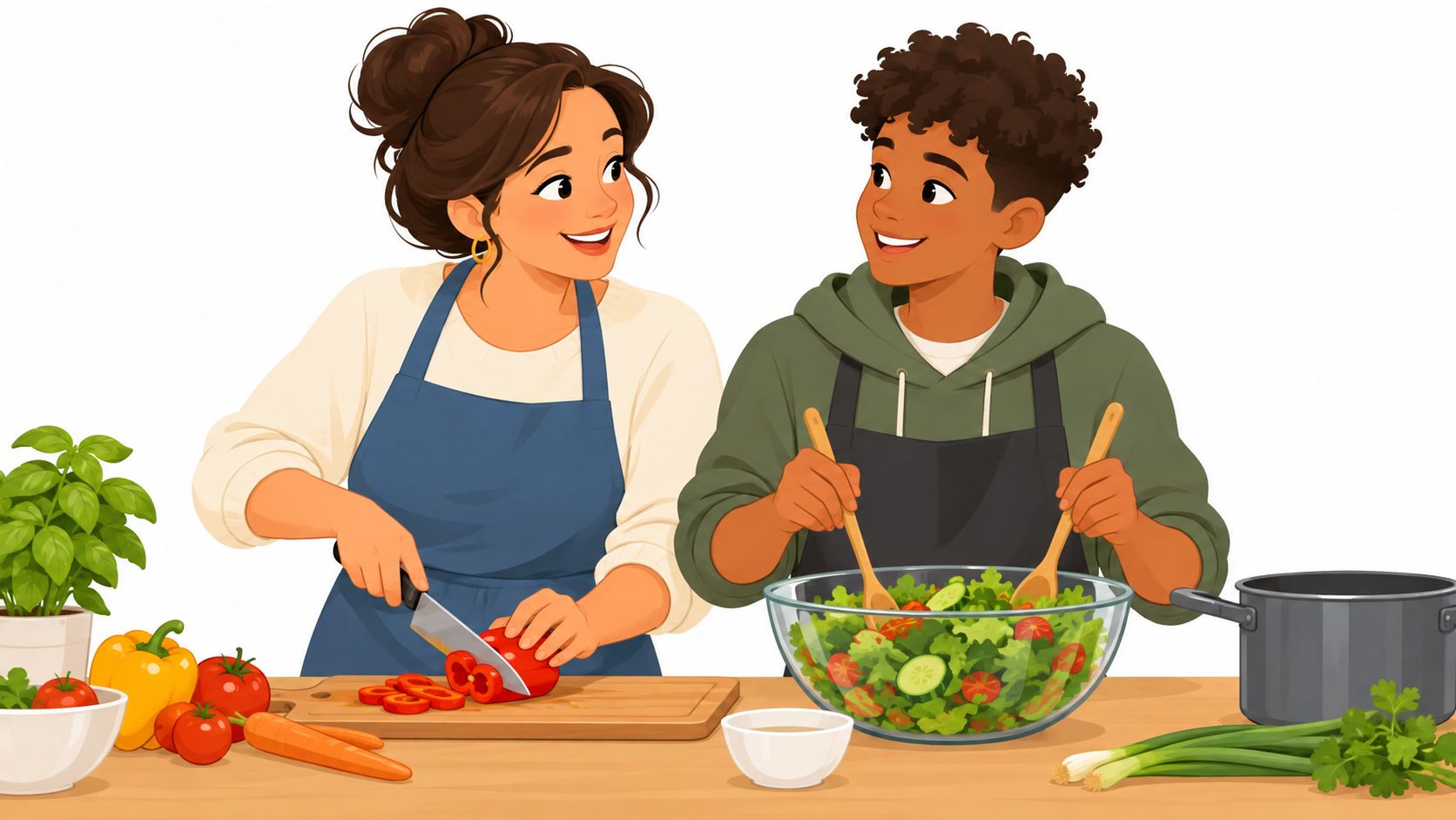 A happy woman and a young boy preparing a fresh vegetable salad together in the kitchen.