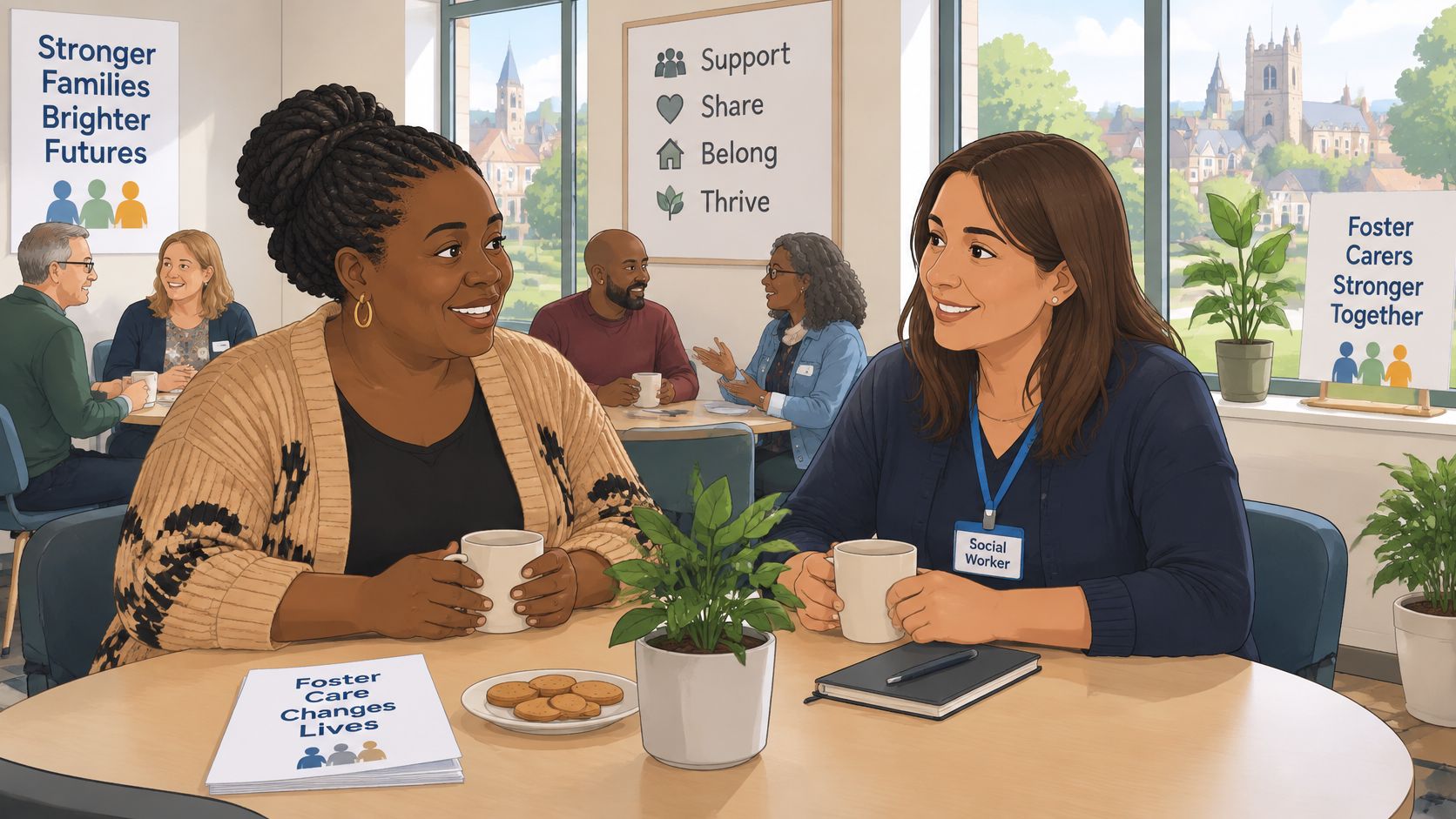 A social worker and a woman having a supportive conversation at a foster care meeting session.