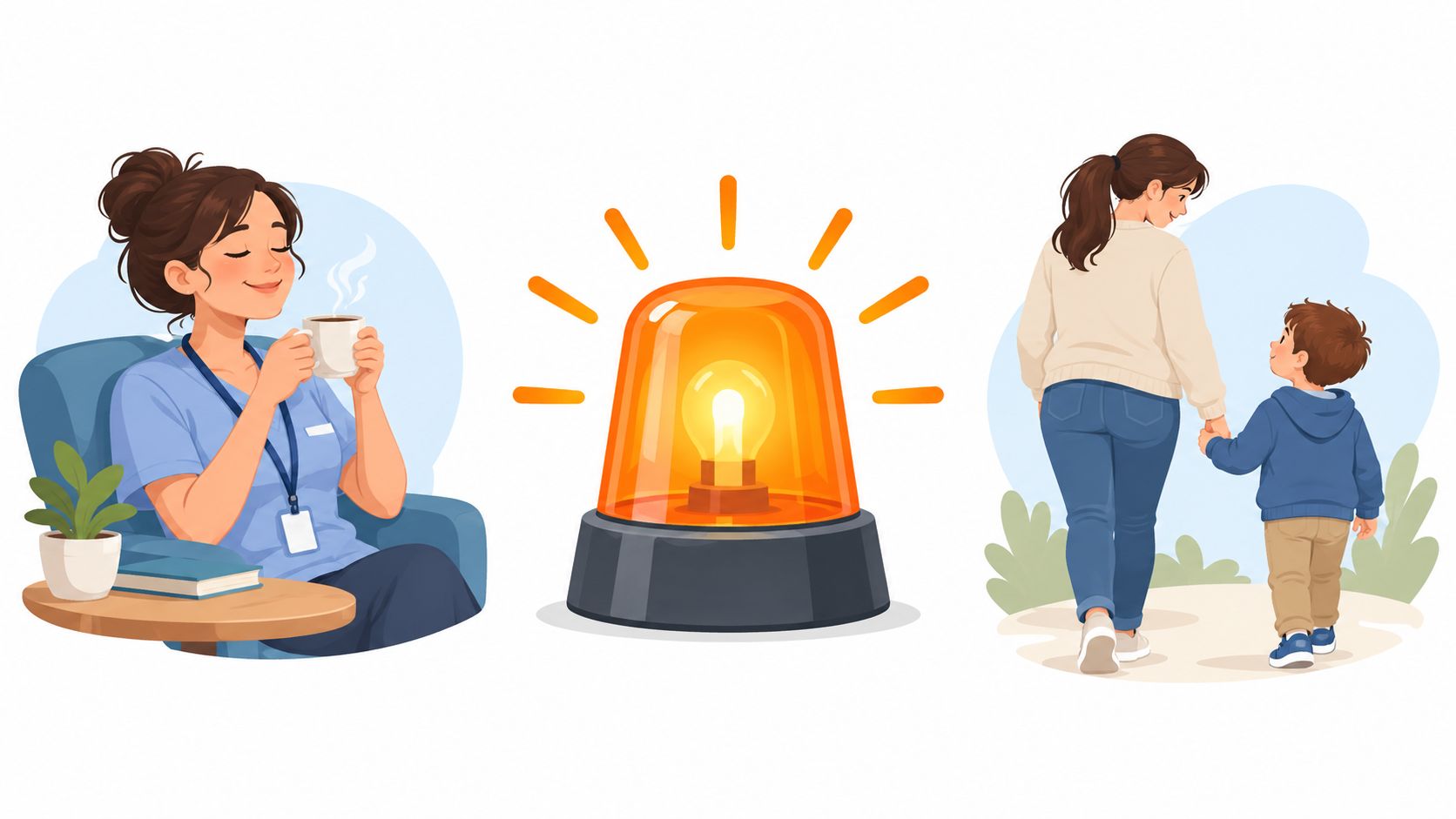 A professional nurse drinking coffee beside an emergency light and a mother walking with her child.