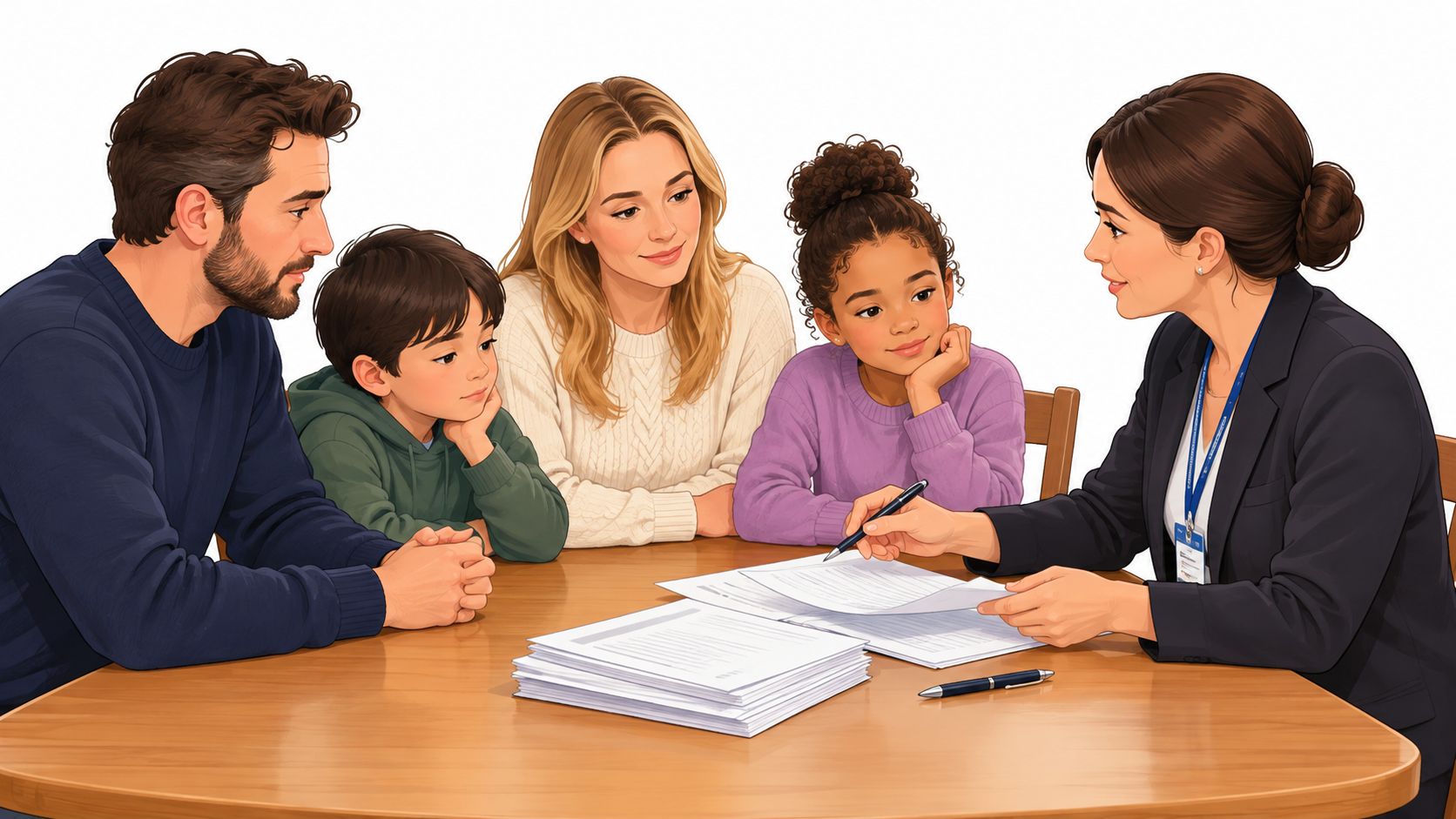 A family of four meeting with a social worker to discuss fostering paperwork in an office setting.