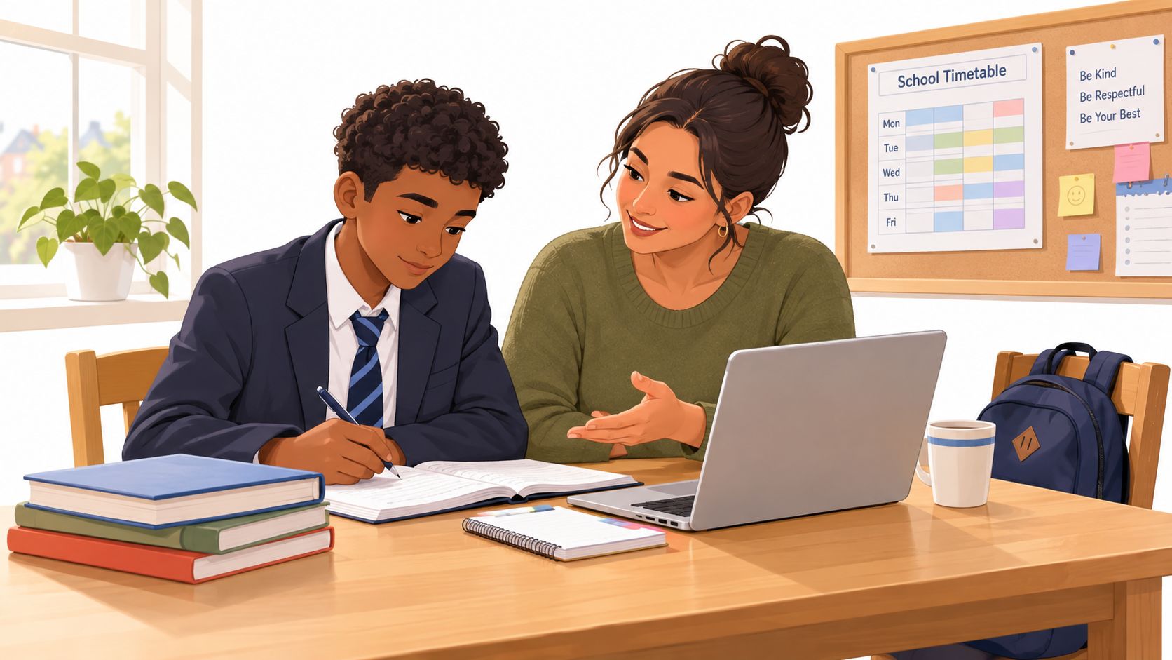 A supportive tutor helping a student in a school uniform study with a laptop in a classroom.