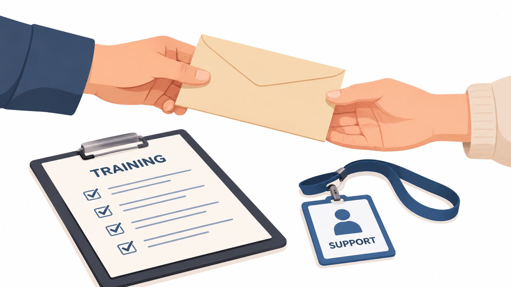 A person handing an envelope to another person with a training checklist and a support ID badge.