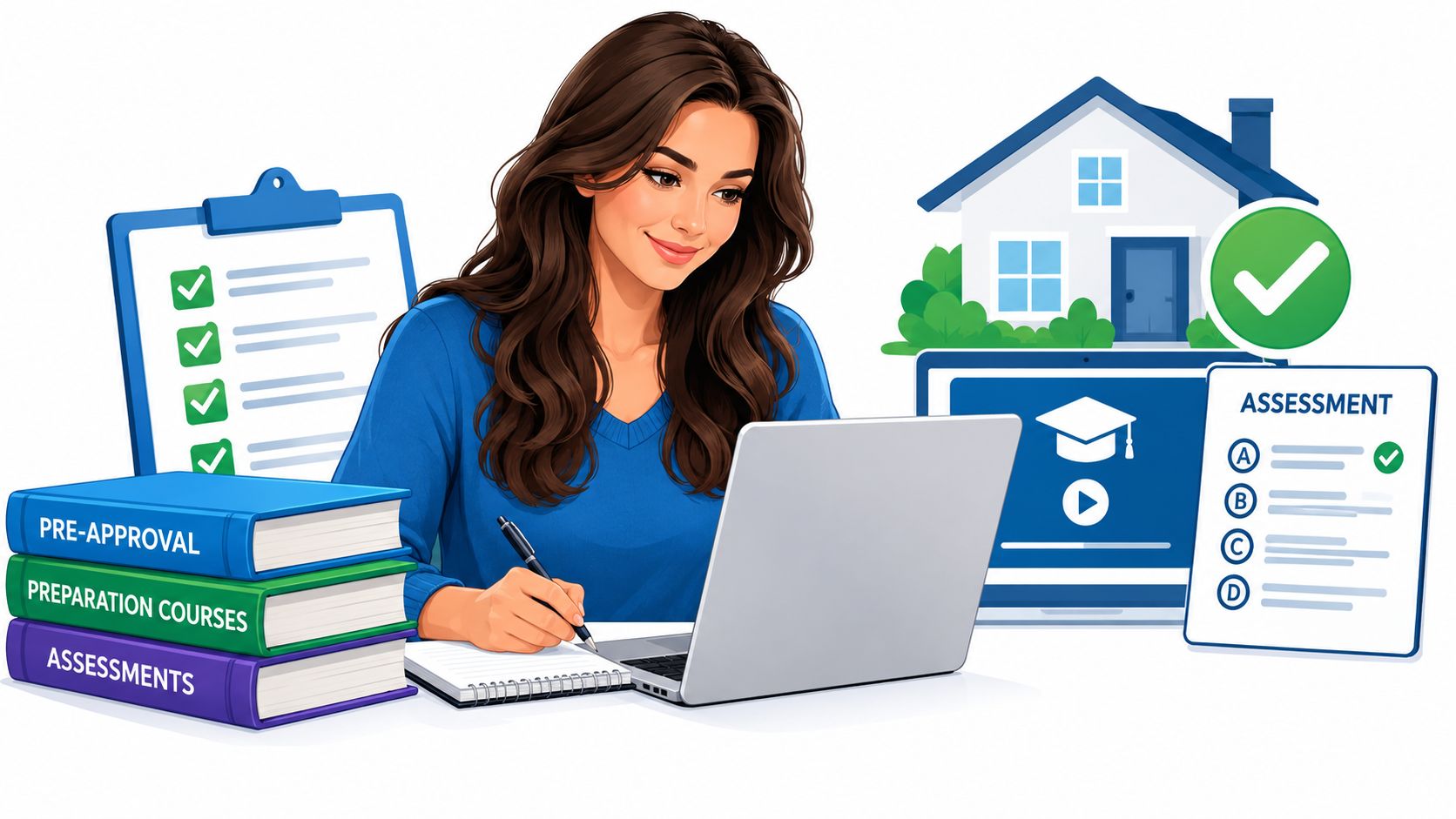 A woman studying for foster parent training with a laptop, books, and educational assessment materials.
