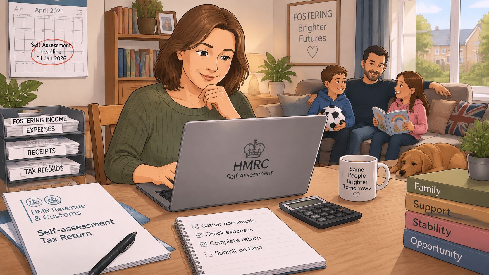 A foster carer sits at her desk using a laptop to complete an HMRC self-assessment tax return.