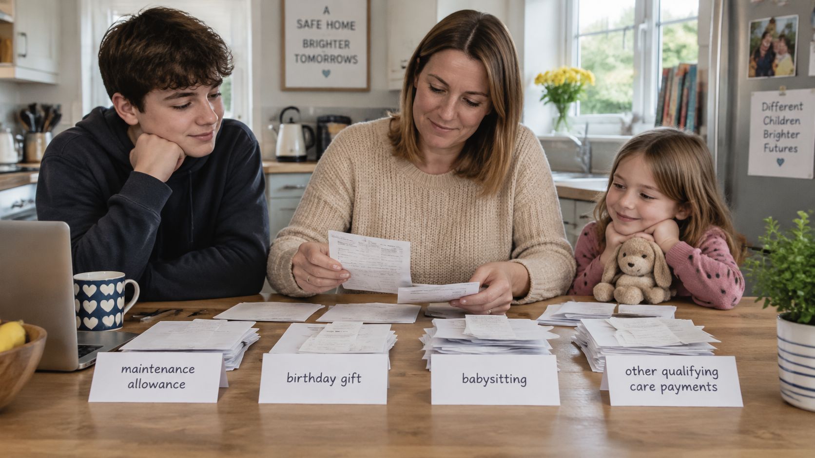 A woman and two children sitting at a kitchen table organizing paperwork related to foster care finances.