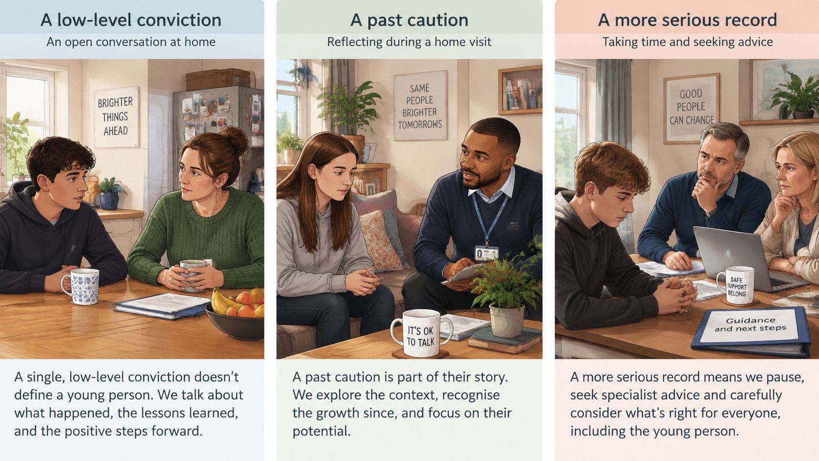 Three illustrations depicting supportive conversations between young people and adults regarding criminal records in foster care scenarios.