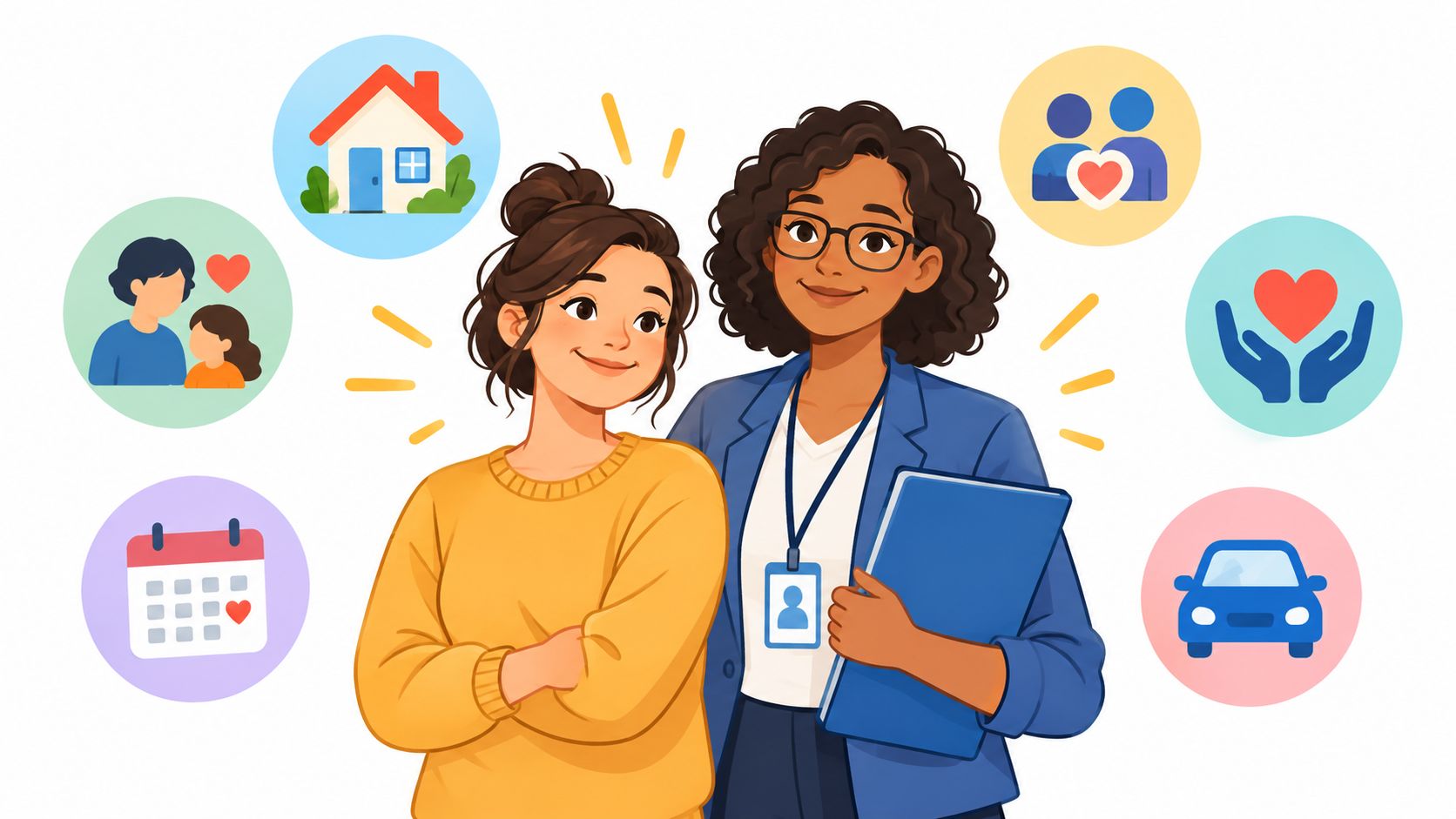 A social worker assisting a young woman with various icons representing foster care support and services.