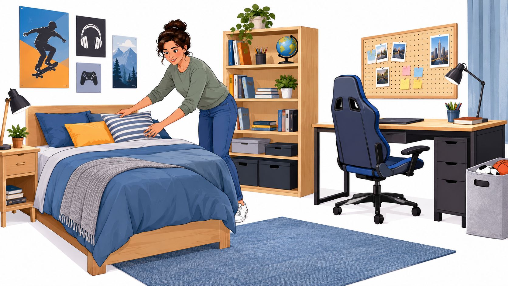 A young woman tidying up a cozy, organized teenage bedroom with a bed, desk, and bookshelf.