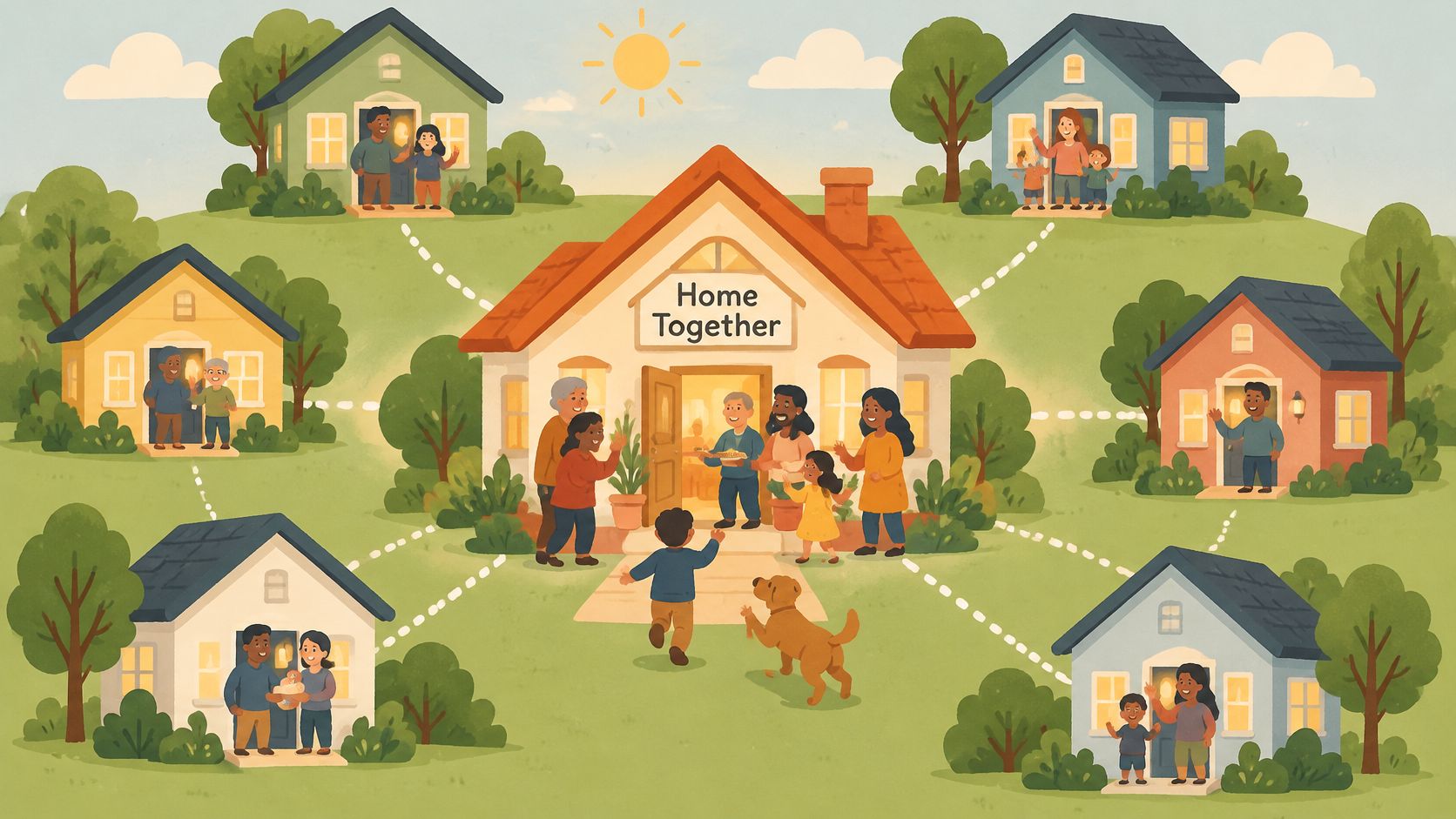 An illustration of family homes connected to a central support home.