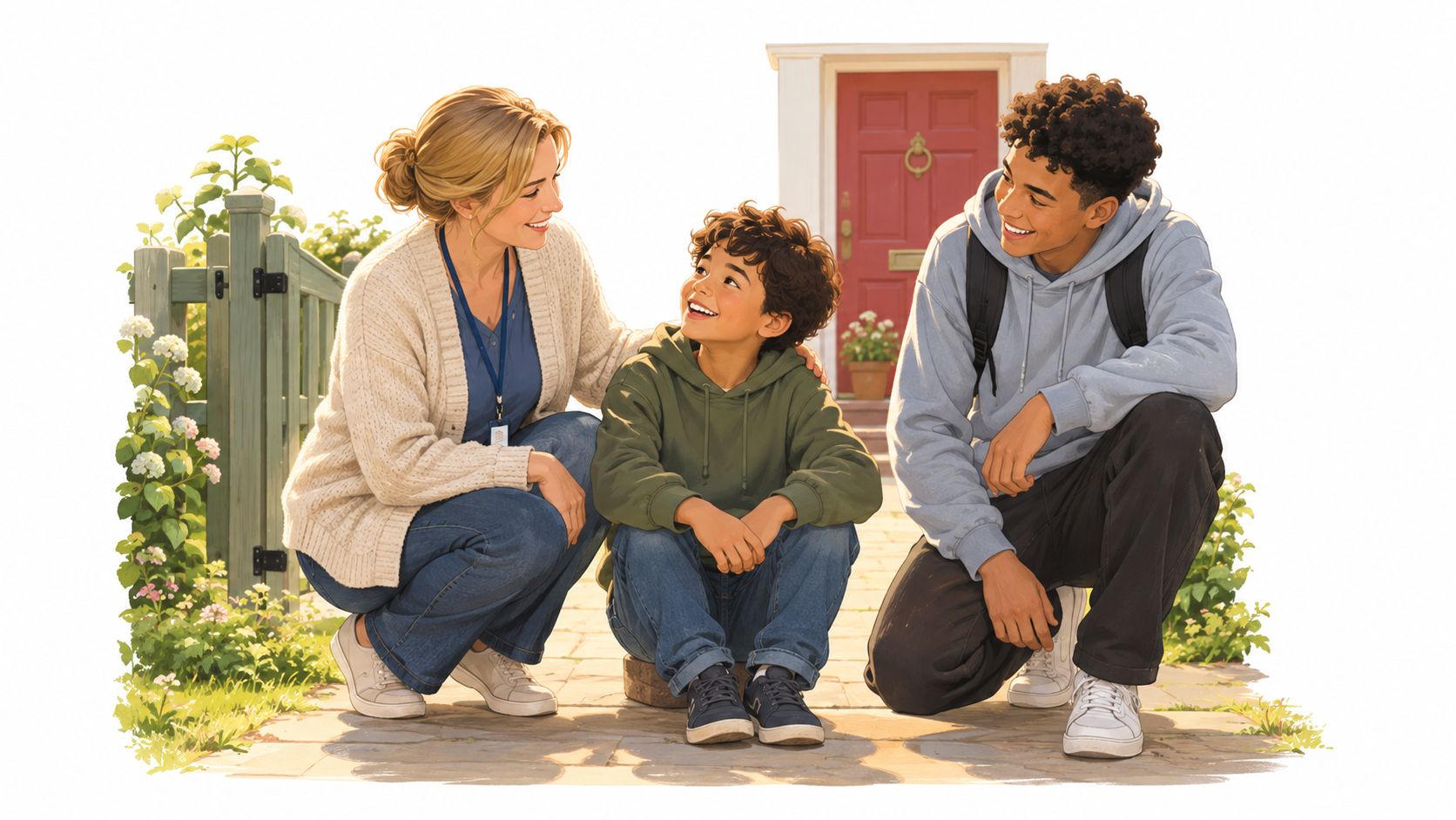 A warm, inclusive scene featuring a foster mother and two children sitting together outdoors in front of a house.