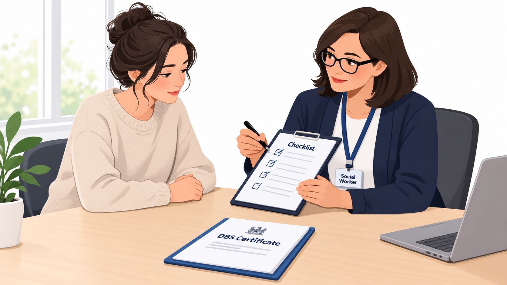 A social worker reviewing a checklist with a young woman in an office setting.