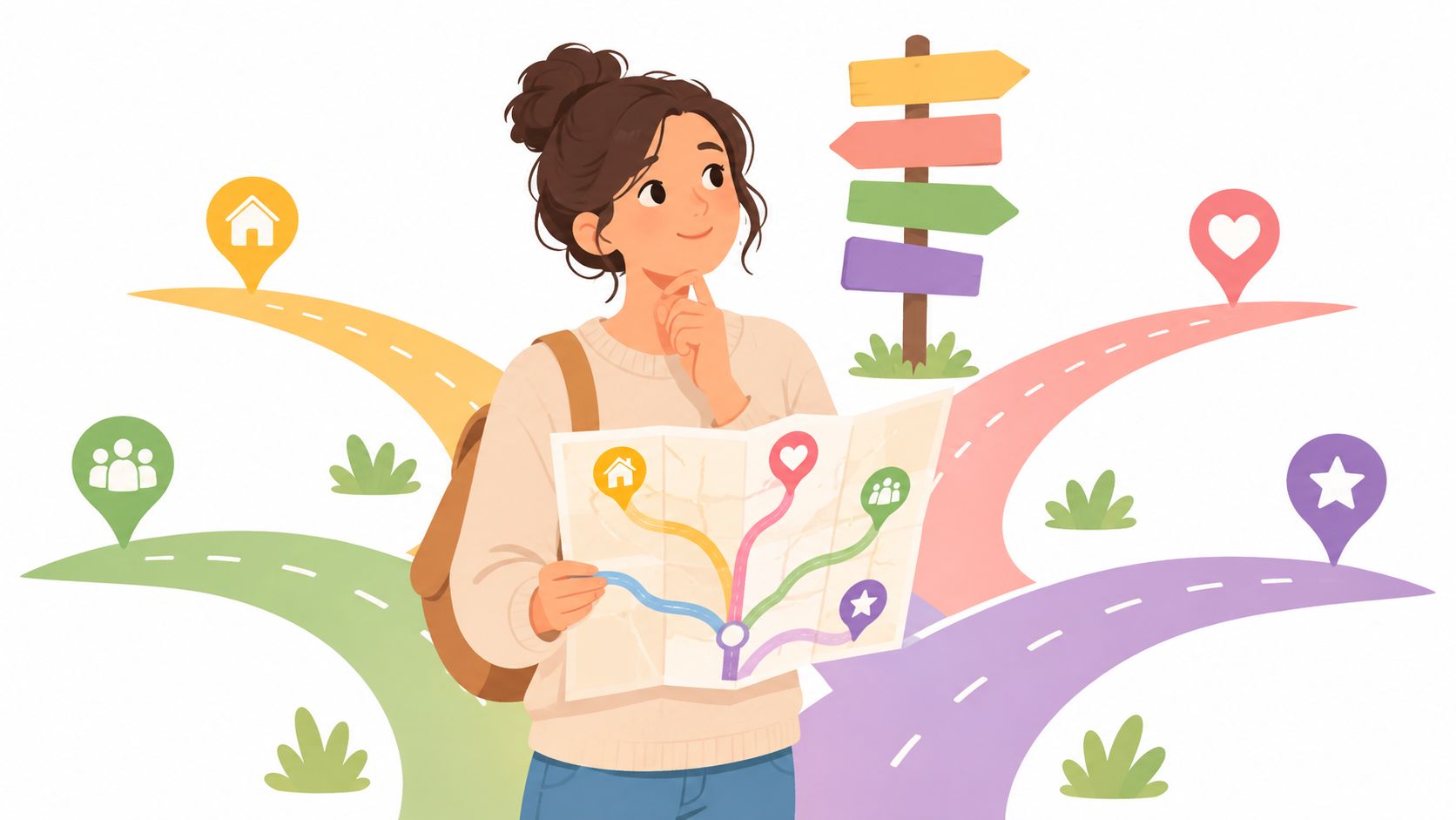 A girl holding a map looks thoughtful while standing in front of multiple paths and signs.