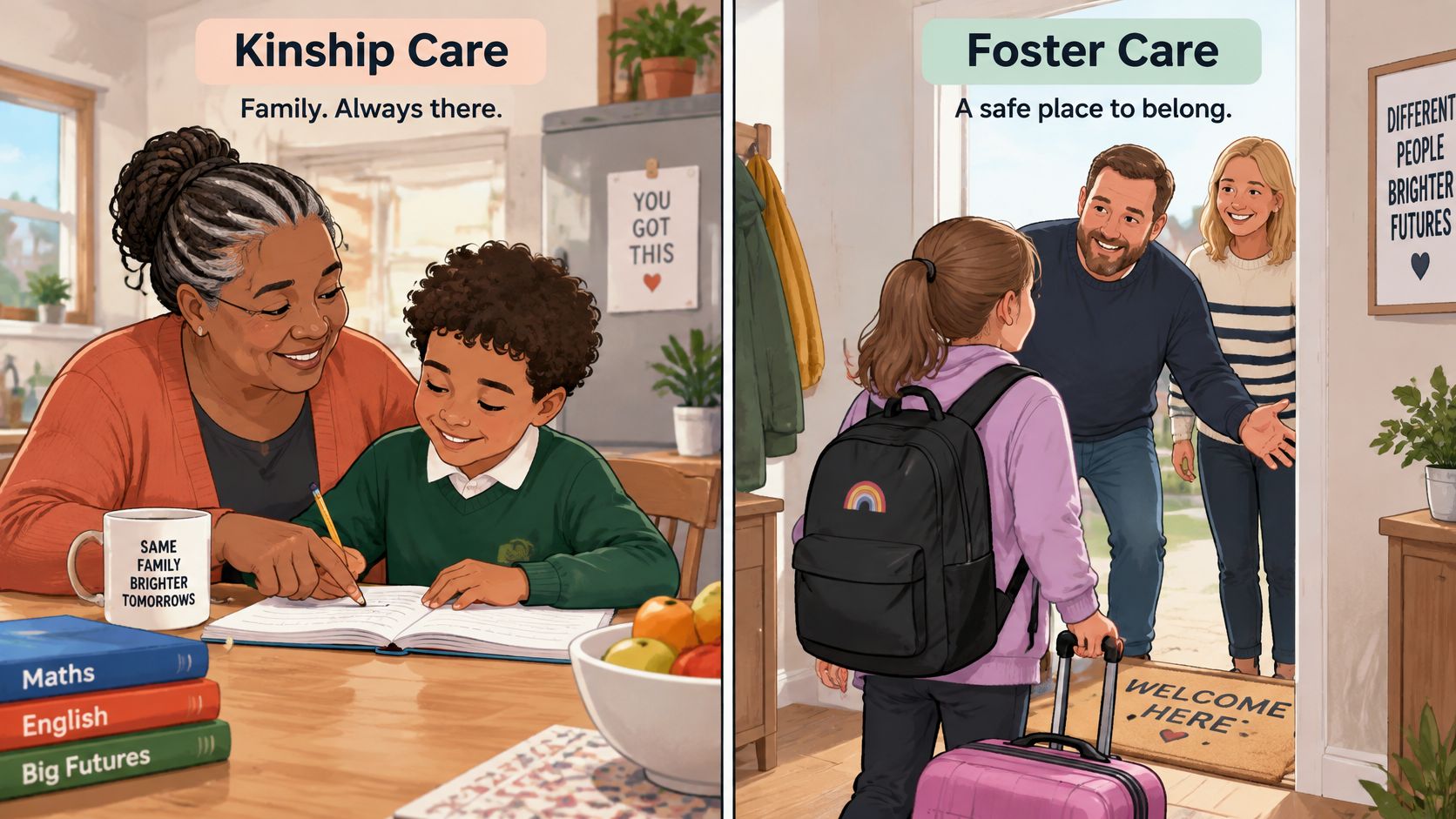 A split illustration showing an older woman helping a boy with schoolwork and foster parents welcoming a child.