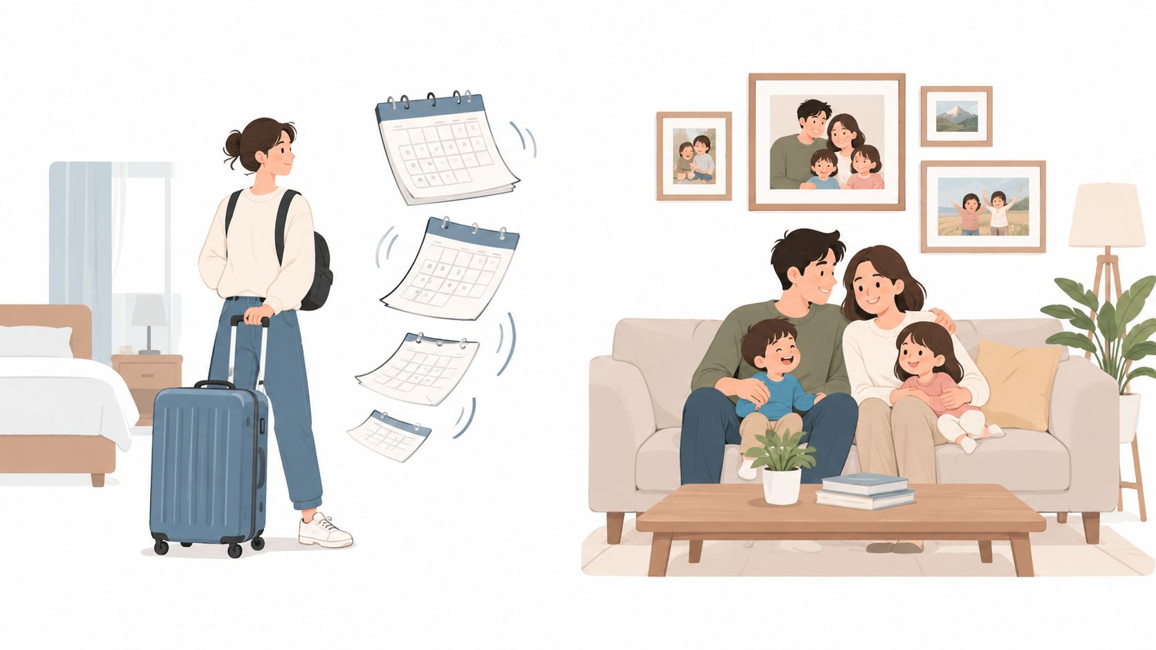 A split image showing a woman packing a suitcase and a happy family sitting on a couch.