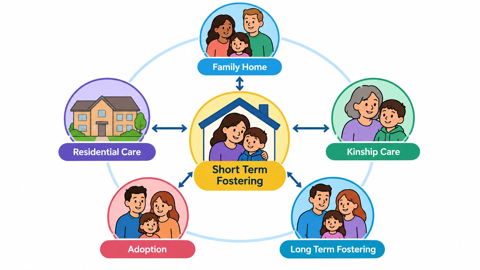 A diagram illustrating connections between short-term fostering and various types of child care and placement options.