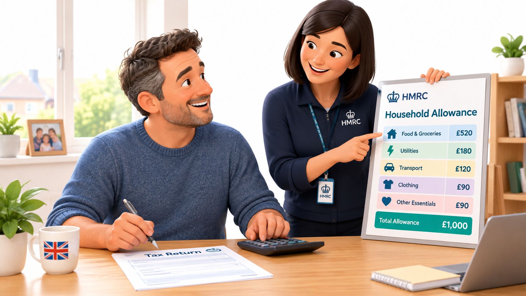 A friendly HMRC agent explaining a household allowance infographic to a man filling out his tax return.