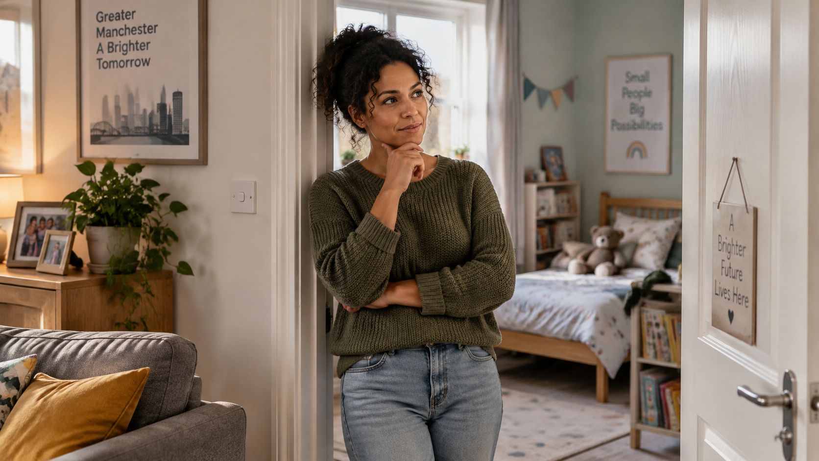 A thoughtful woman leaning in a doorway, looking towards a child's bedroom with a comforting atmosphere.