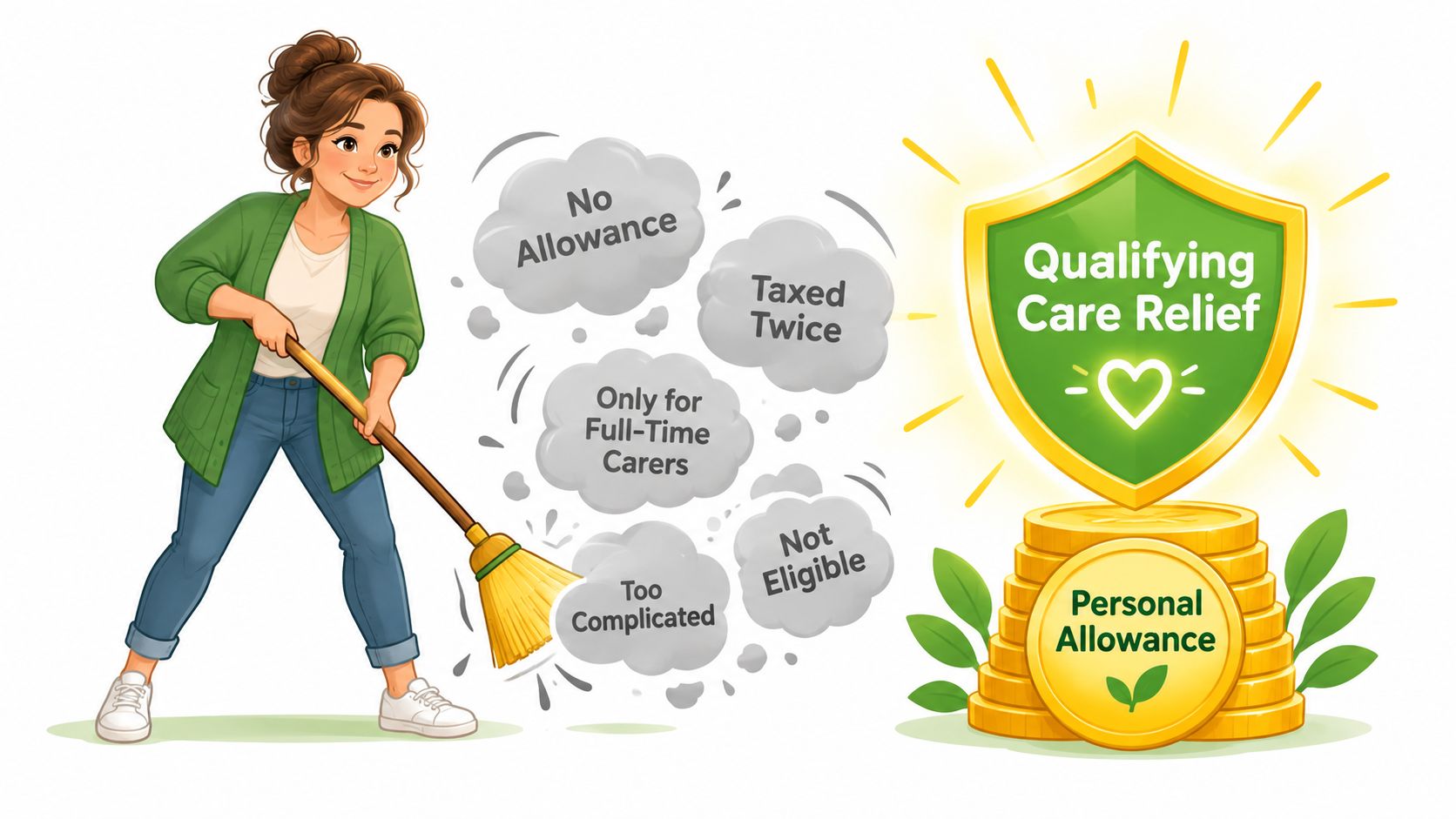 A woman sweeping away negative myths about tax allowances with a Qualifying Care Relief shield nearby.