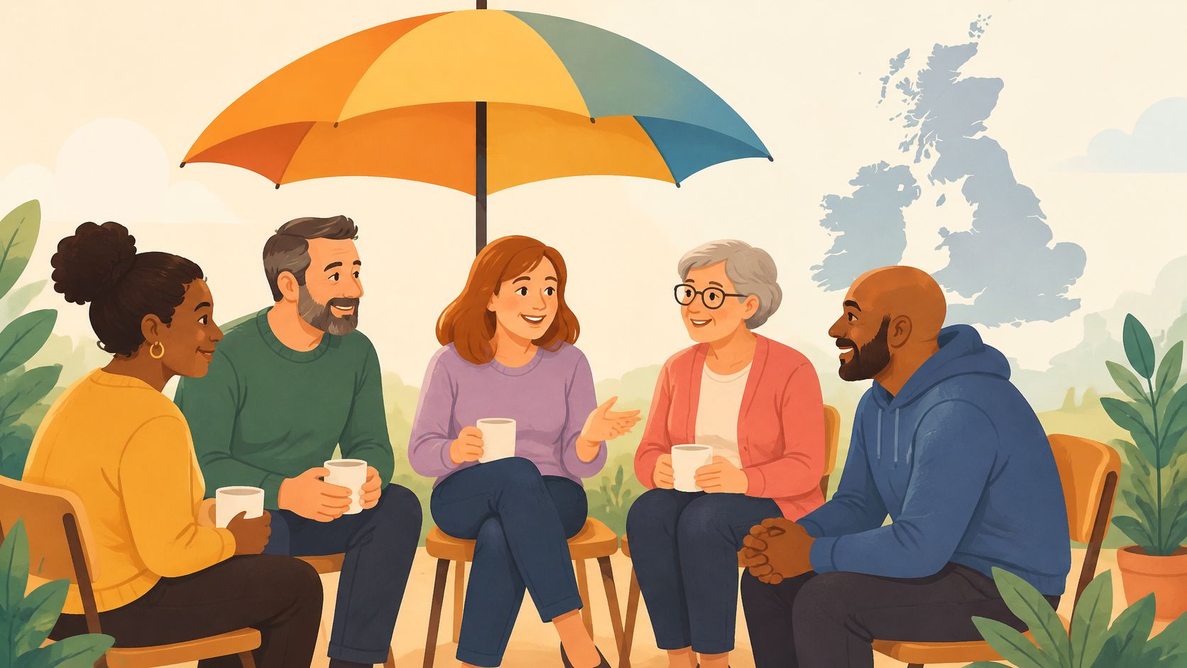Adults from diverse backgrounds chatting outdoors over mugs.