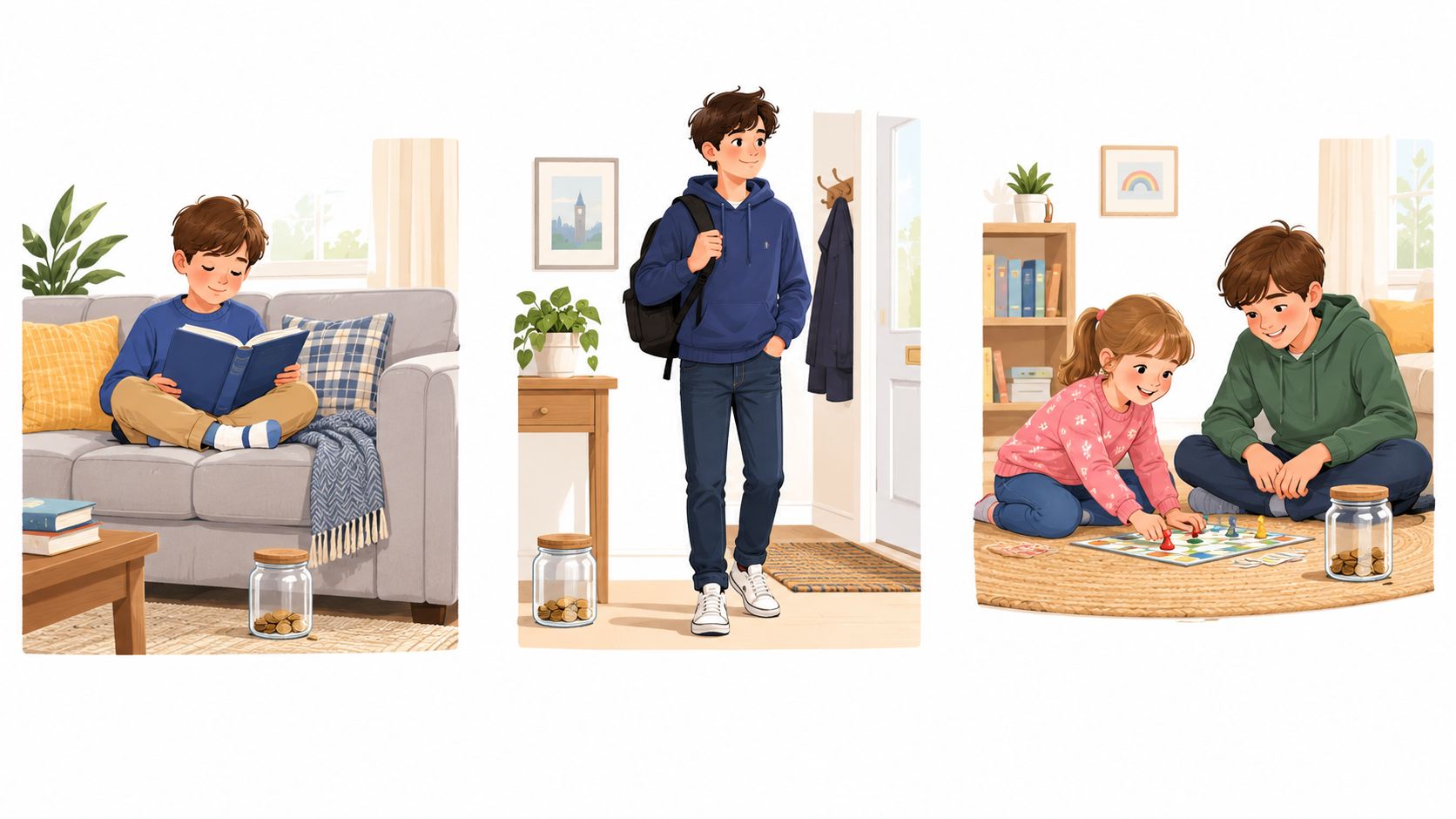 A collage showing a boy reading, a boy arriving home, and two children playing a board game.