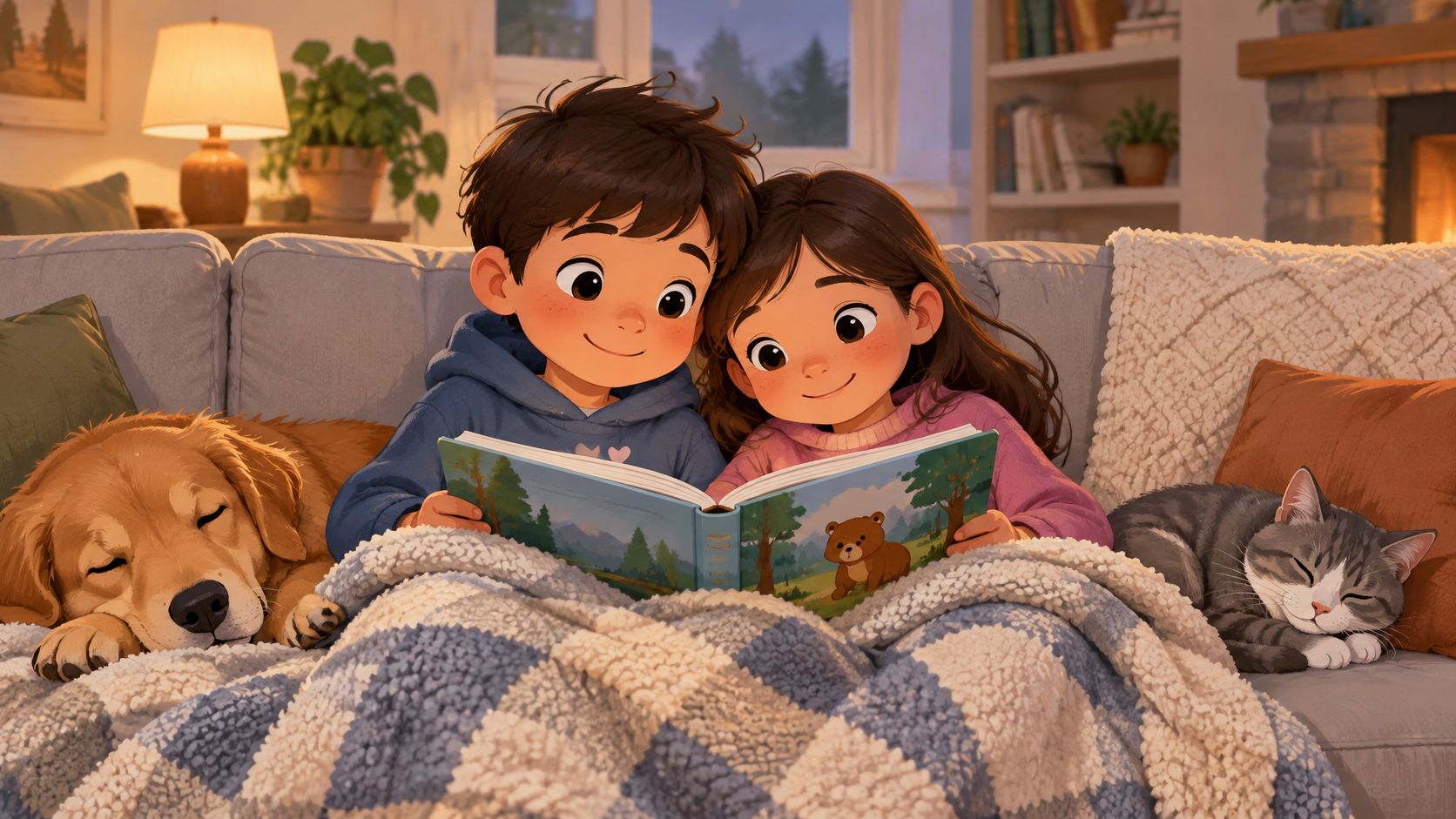 A young brother and sister cuddling on a cozy couch under a blanket while reading a book.