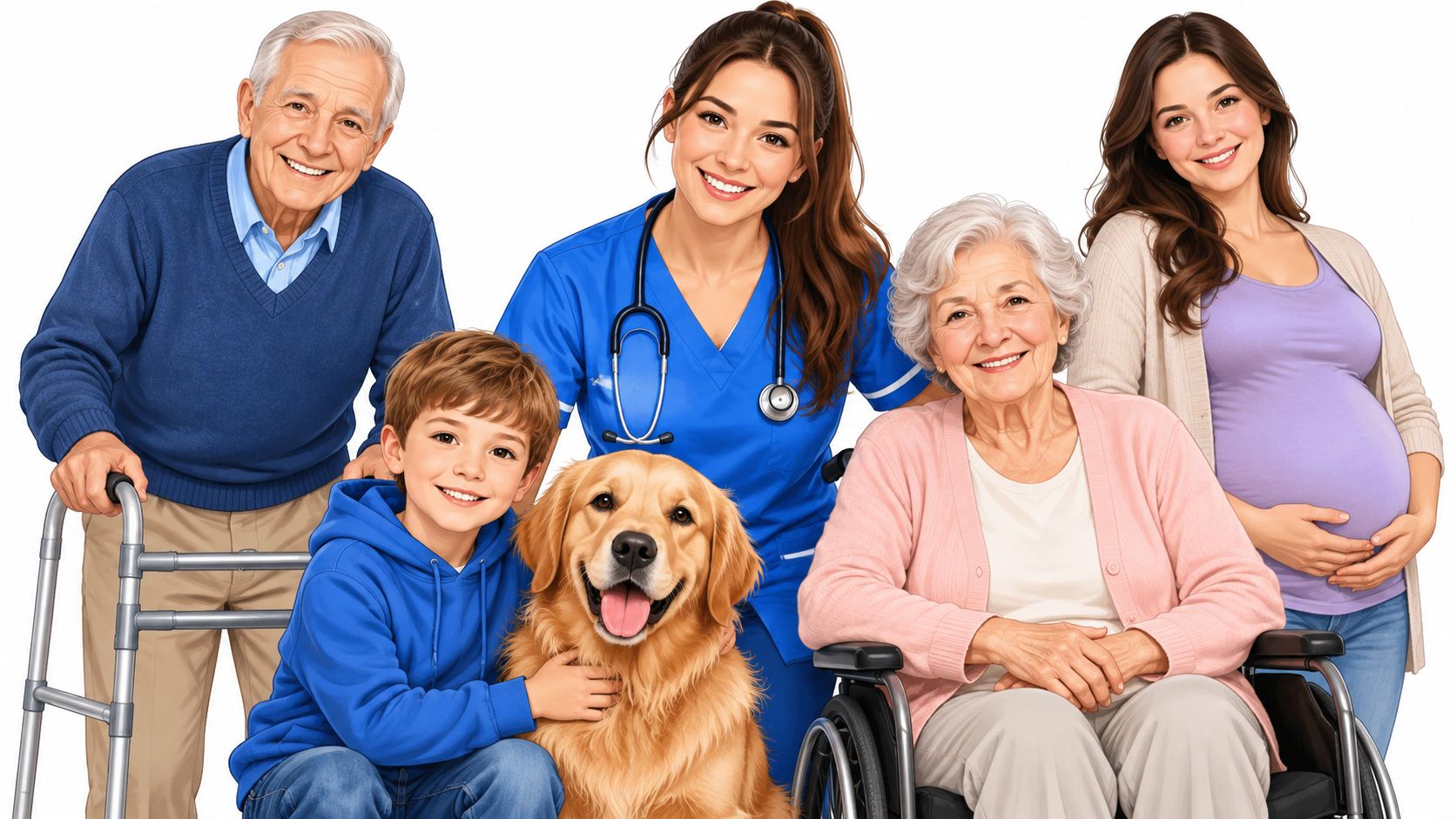 A diverse family group including an elderly man, a boy, a nurse, a grandmother, and a pregnant woman.