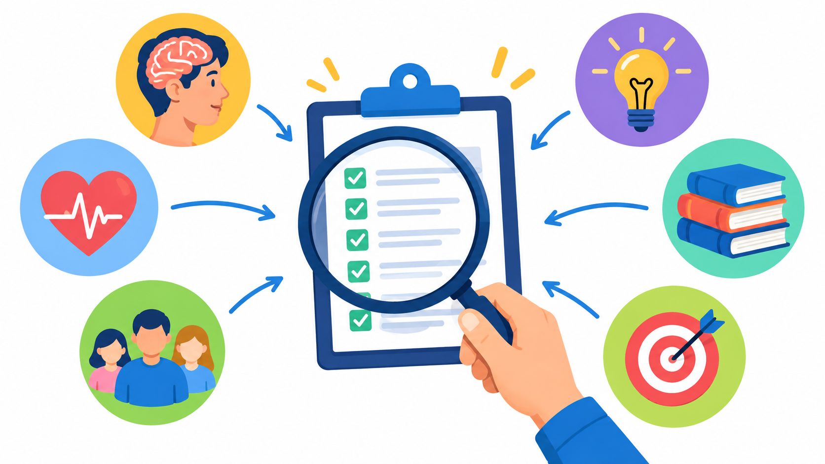 A magnifying glass inspecting a clipboard checklist surrounded by icons representing health, knowledge, and goals.