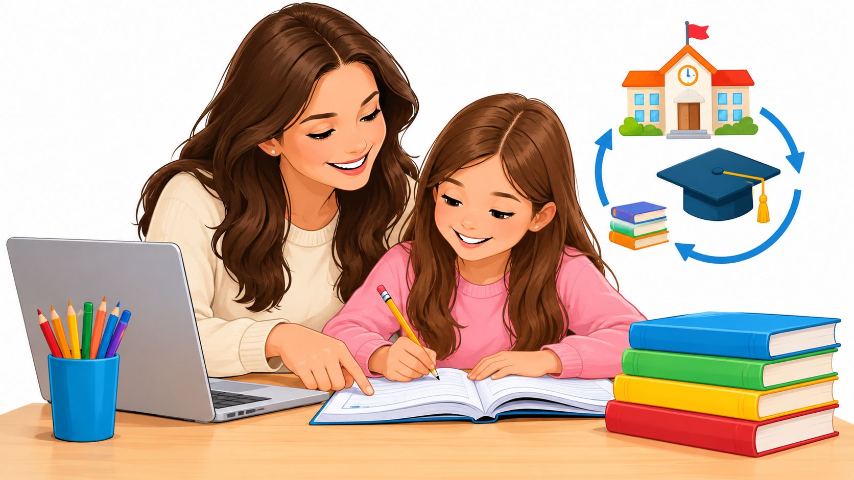 A woman helping a young girl with her schoolwork while using a laptop at a desk.