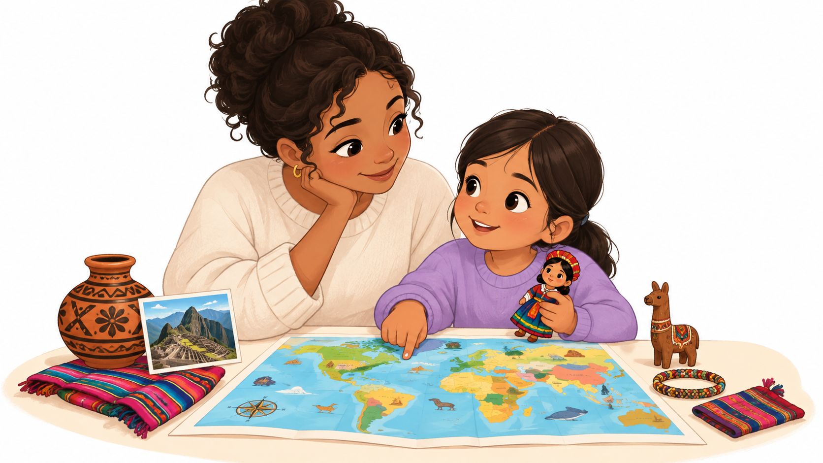 A mother and daughter looking at a world map together, surrounded by Peruvian themed artifacts and cultural items.