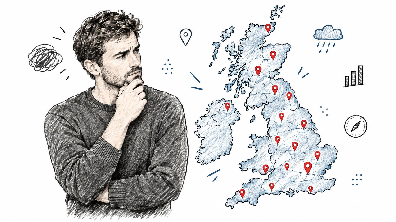 A pensive man looking at a map of the United Kingdom with multiple red location pins.