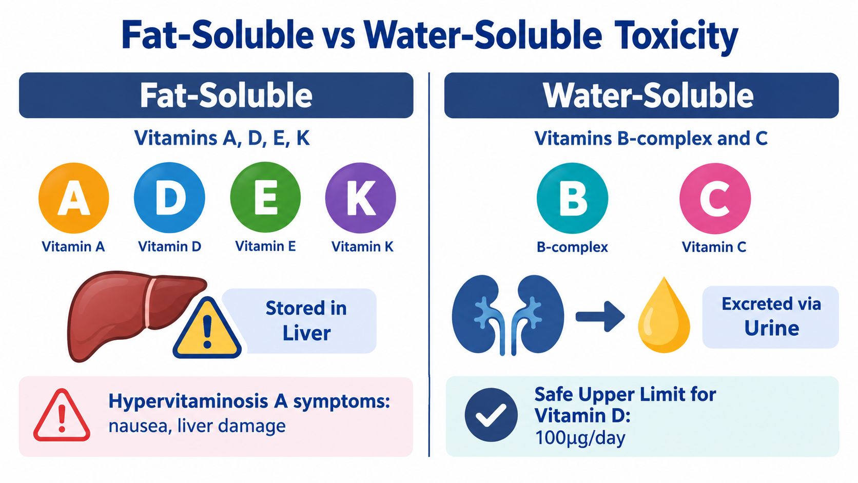 An infographic comparing fat-soluble and water-soluble vitamins, highlighting storage methods, excretion, and potential toxicity risks.