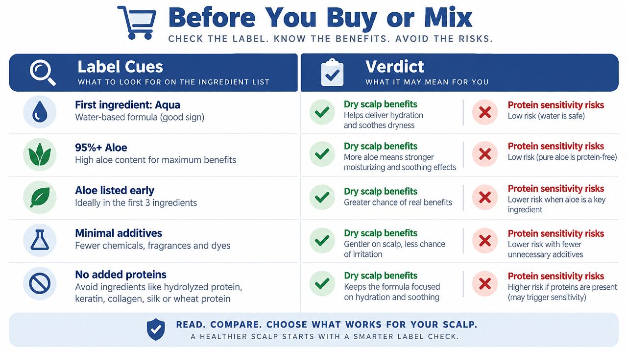 An infographic titled Before You Buy or Mix guiding consumers on how to choose aloe vera for hair.