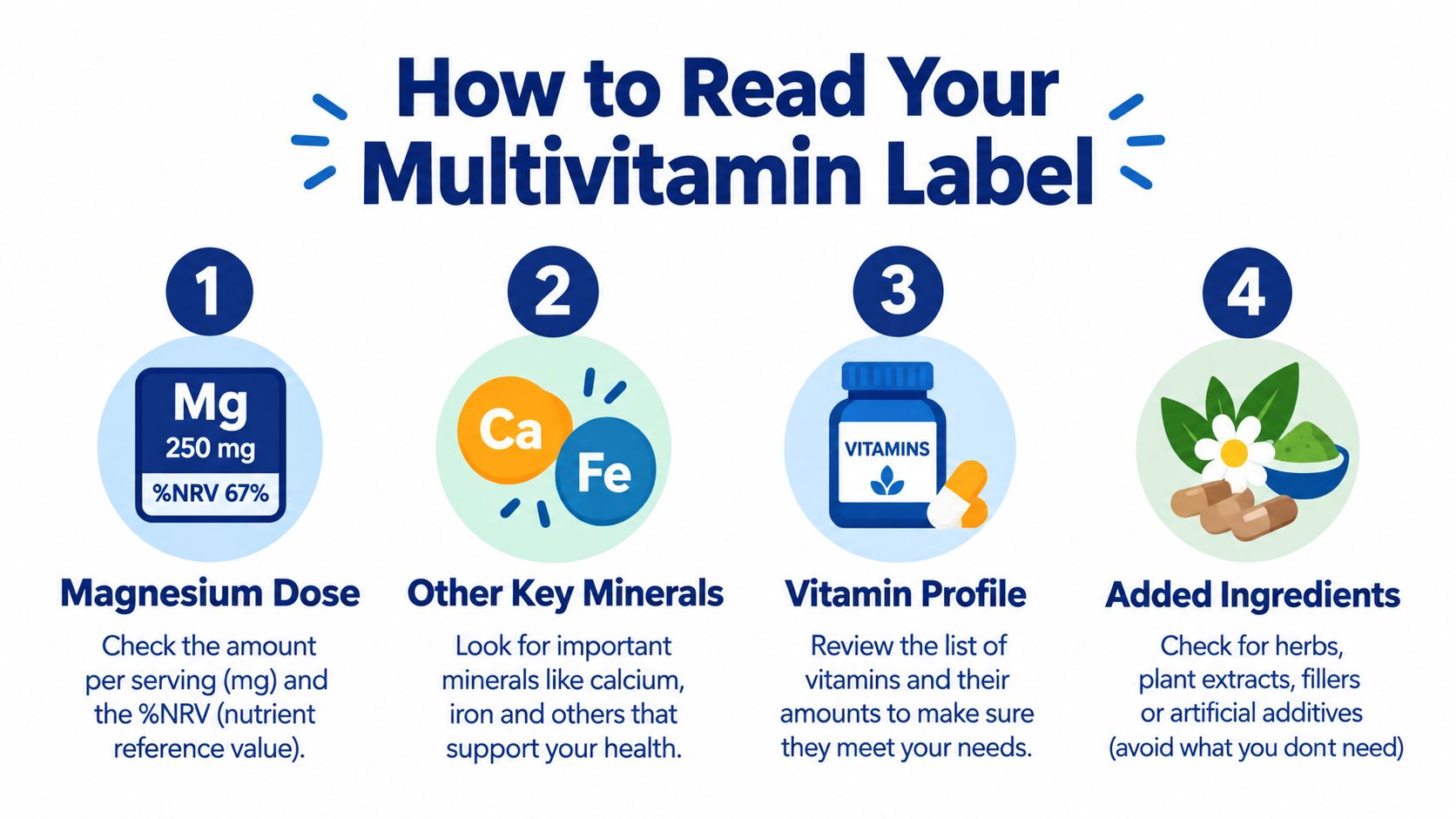 An infographic illustrating four simple steps on how to read and understand a multivitamin product label.