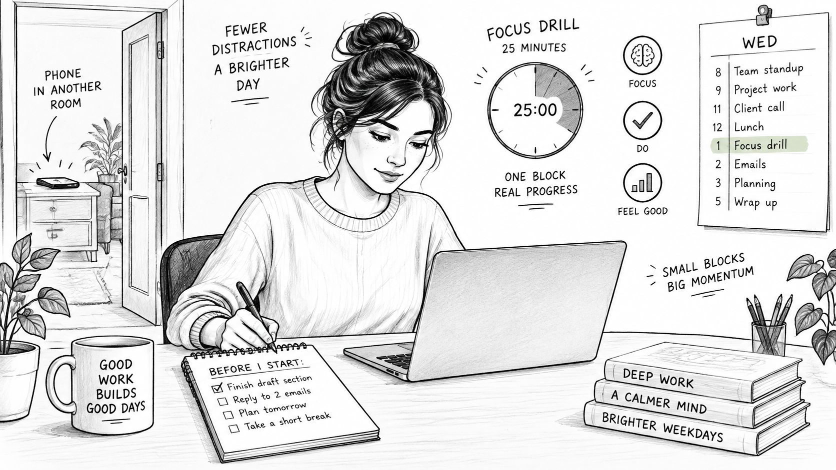 A woman working at a desk using a timer and a checklist to improve focus and productivity.