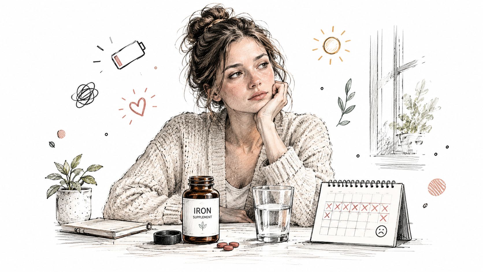A woman looks tired while sitting at a desk with iron supplements and a marked calendar.