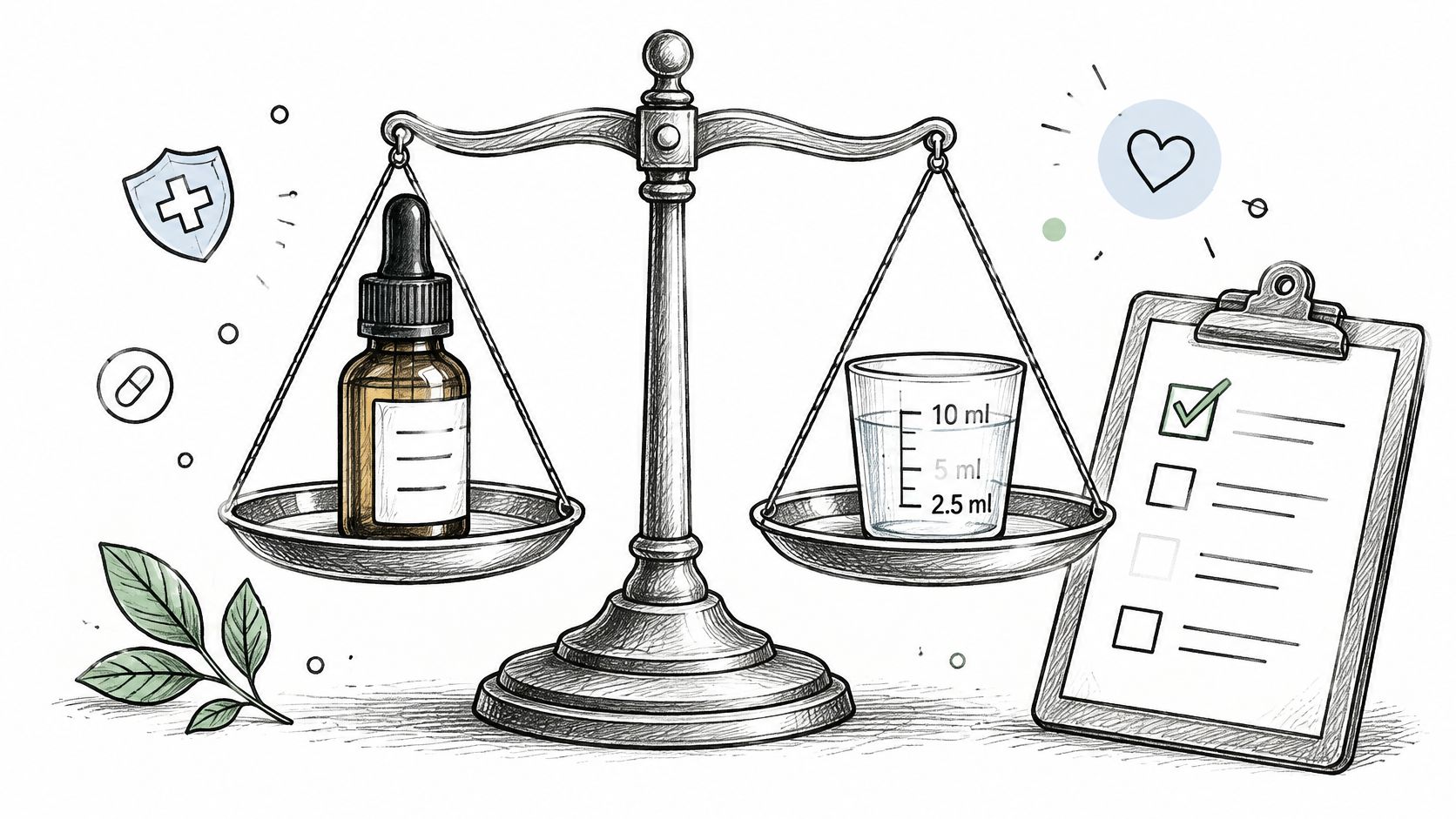 A sketched illustration of an old-fashioned balance scale weighing medication drops against a measuring cup.