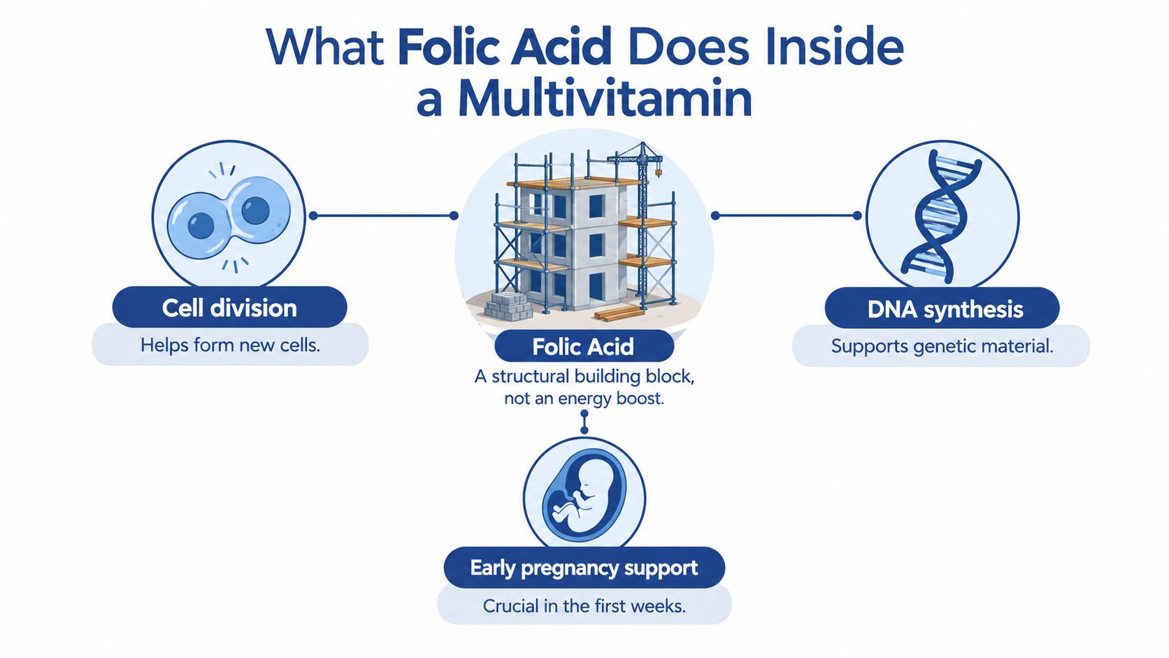 An infographic illustrating the roles of folic acid in a multivitamin, including cell division, DNA synthesis, and early pregnancy support.