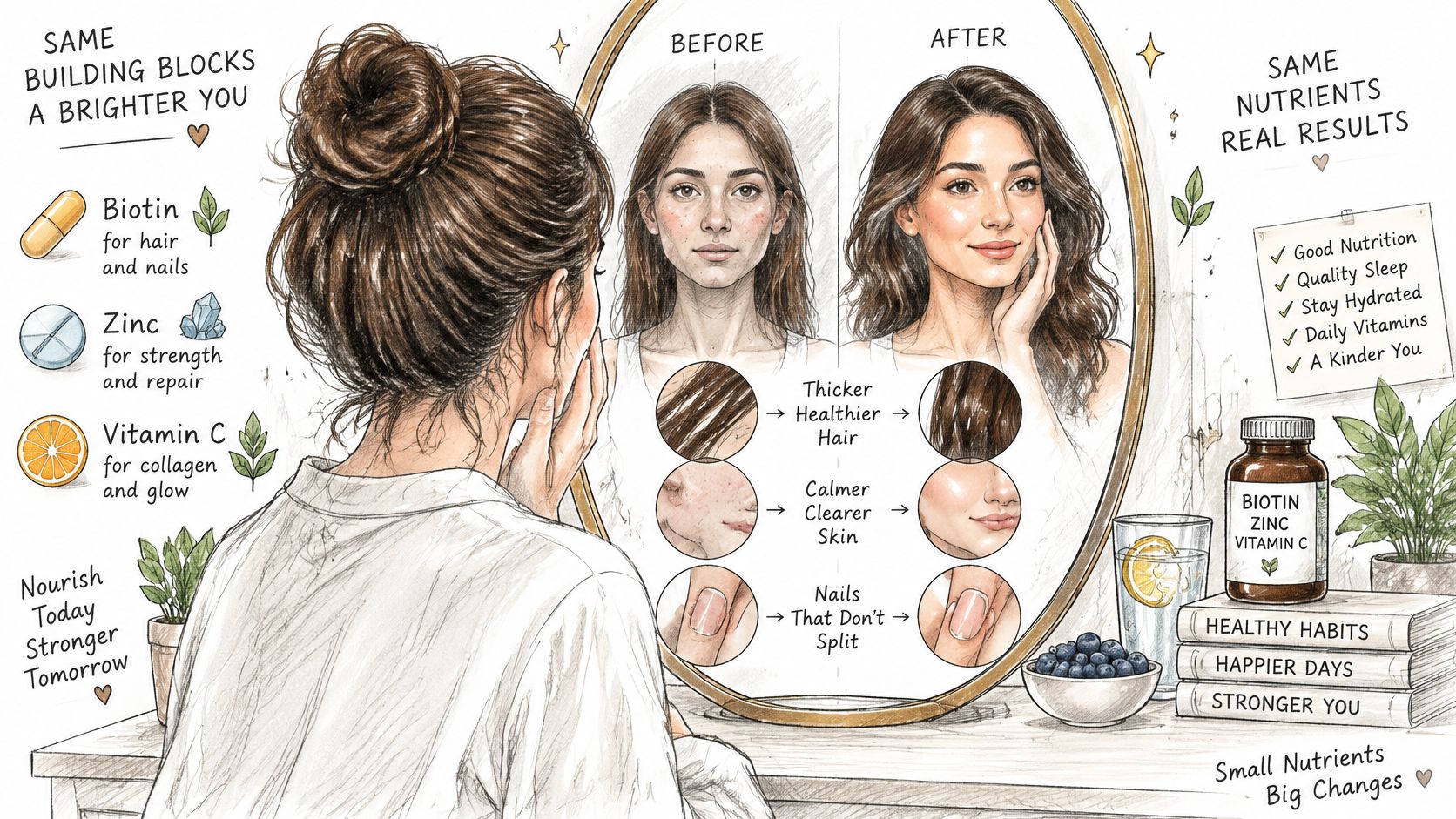 A woman looks in a mirror comparing her before and after skin, hair, and nail health improvements.
