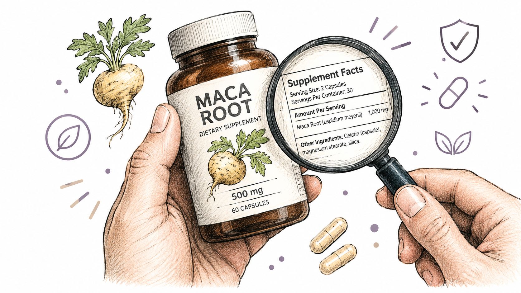 A hand holding a bottle of Maca Root supplement capsules with a magnifying glass examining the label details.