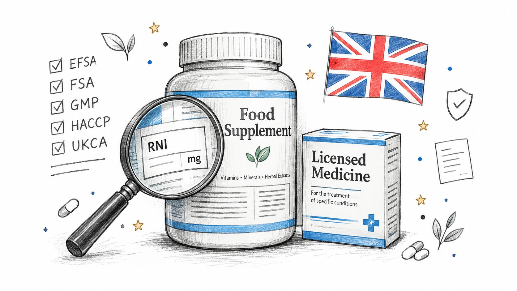 A hand-drawn illustration showing a food supplement bottle, a licensed medicine box, and regulatory compliance icons.