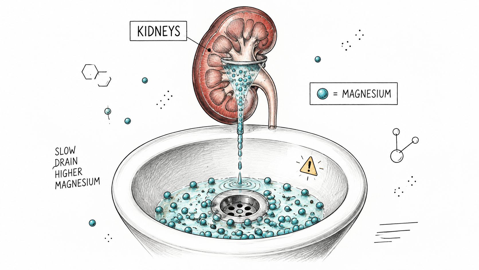 An illustration showing a kidney draining magnesium spheres into a sink, representing higher magnesium levels with slow drainage.
