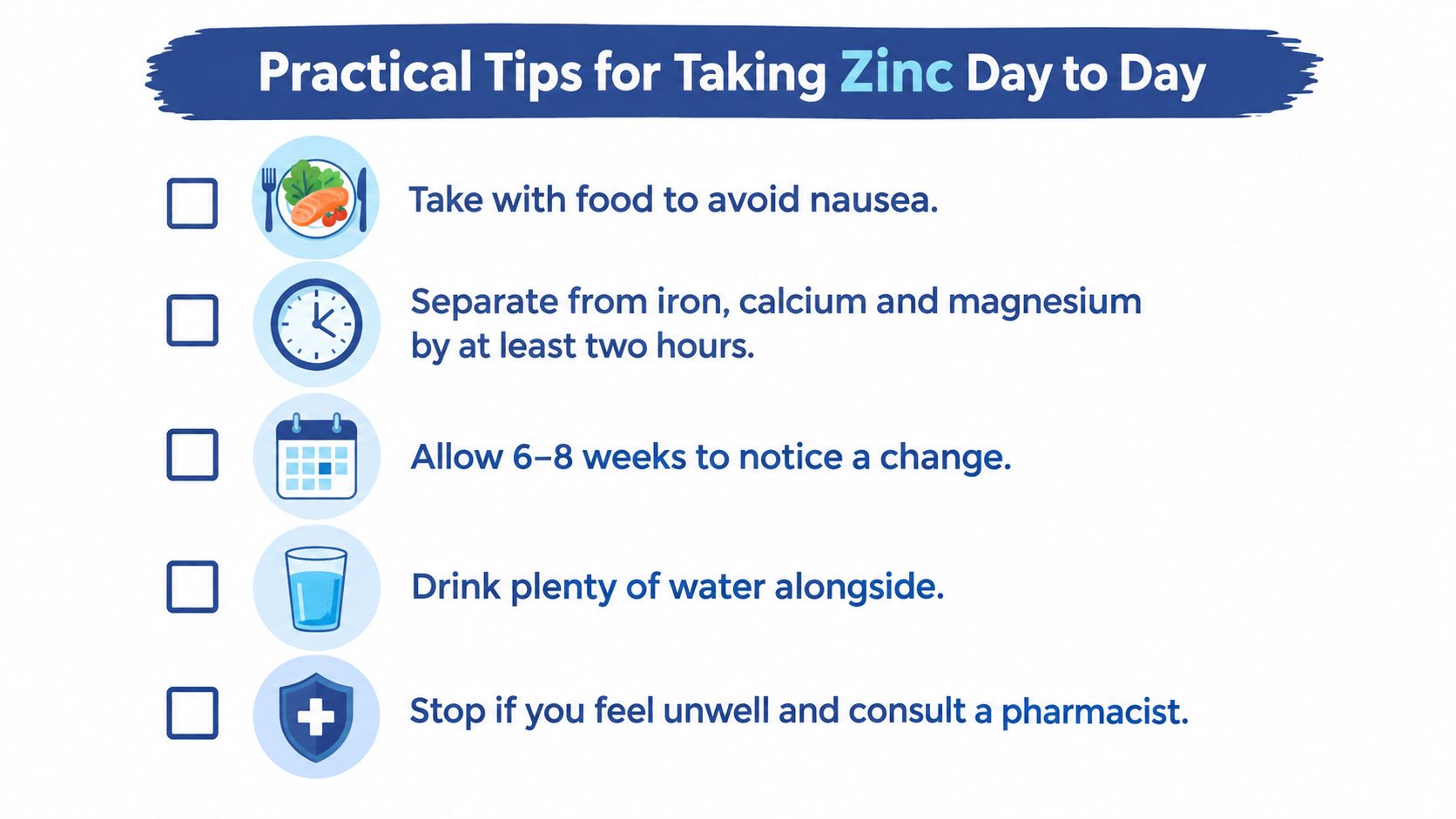 An infographic listing five practical tips for taking daily zinc supplements to ensure safety and effectiveness.