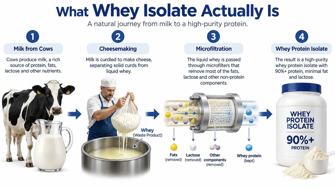 A four-step diagram illustrating the natural production process of whey protein isolate from milk to powder.