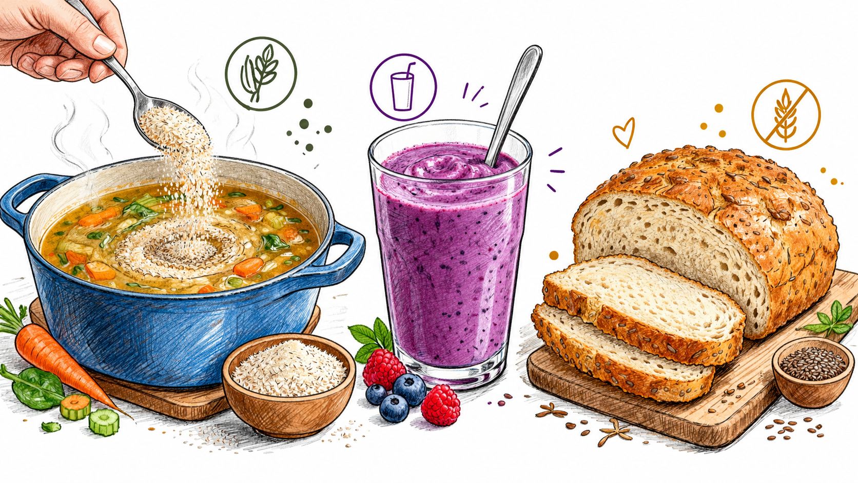 A hand adds whole psyllium husk to a vegetable soup beside a berry smoothie and bread.