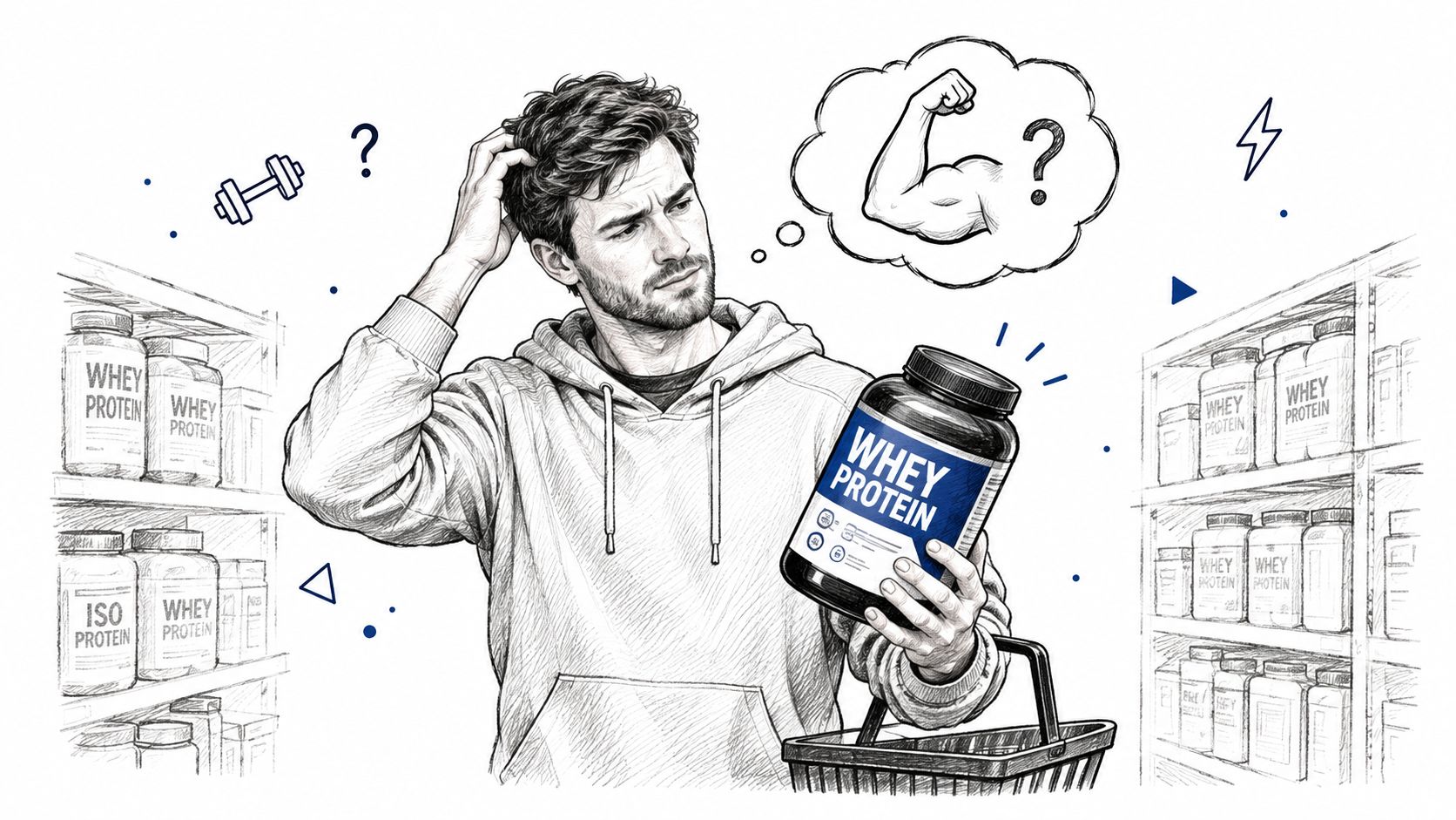 A man in a hoodie looking confused while selecting a container of whey protein in a store.